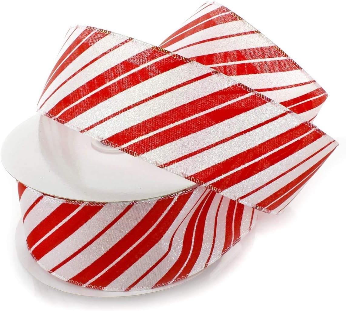 Red/White Shimmer Candy Cane Wired Ribbon 2 1/2" by - 10 Yards