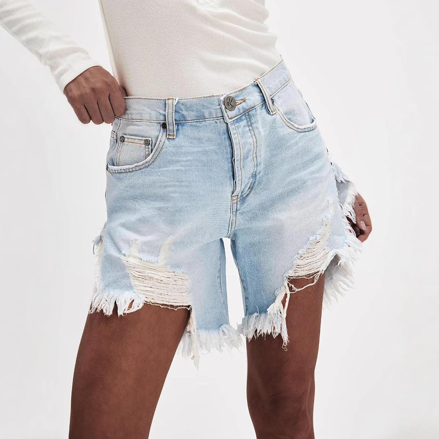Kwunbwa Women's High Waist Ripped Denim Shorts Tassels Hem Distressed Stretchy Trendy Summer Jean Shorts