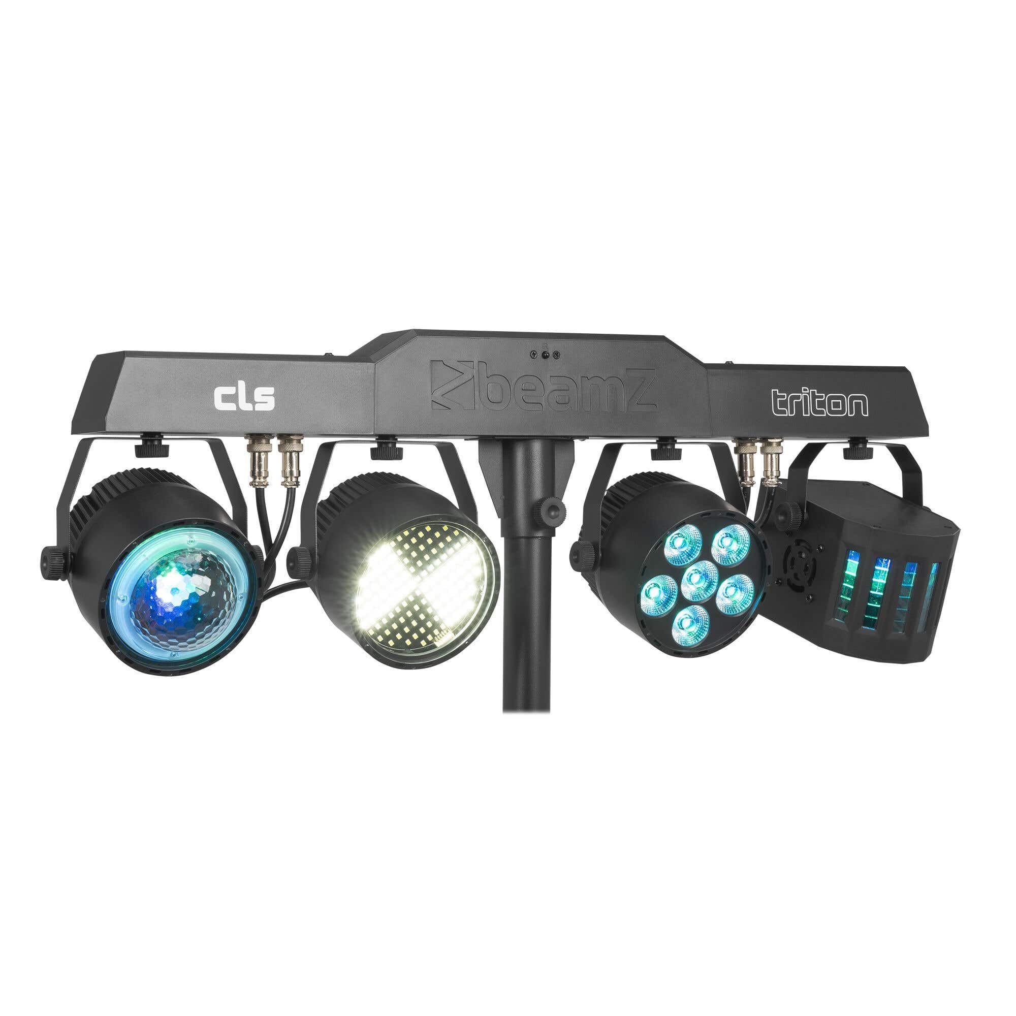 BeamZ CLS Triton Party Bar con par led rgbw, derby, luz estroboscopica y jelly moon, barra led dj con tripode, dmx 512, luces discoteca para casa, luces dj y luces escenario