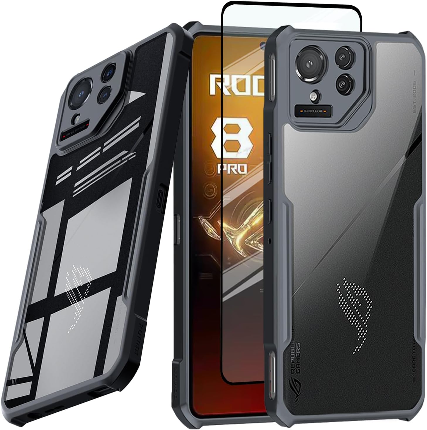 for ASUS ROG Phone 8 Pro 5G Case, Ultra-Thin Cover Soft TPU Bumper+ Acrylic Clear Back Military Grade Airbags Drop Protection[1 Tempered Film],Black