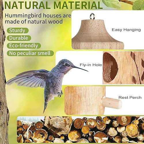 Miniatura 3 de Casas de colibrí de madera para colgar en el exterior, sin pintura, nido de madera natural para decoración al aire libre al jardín