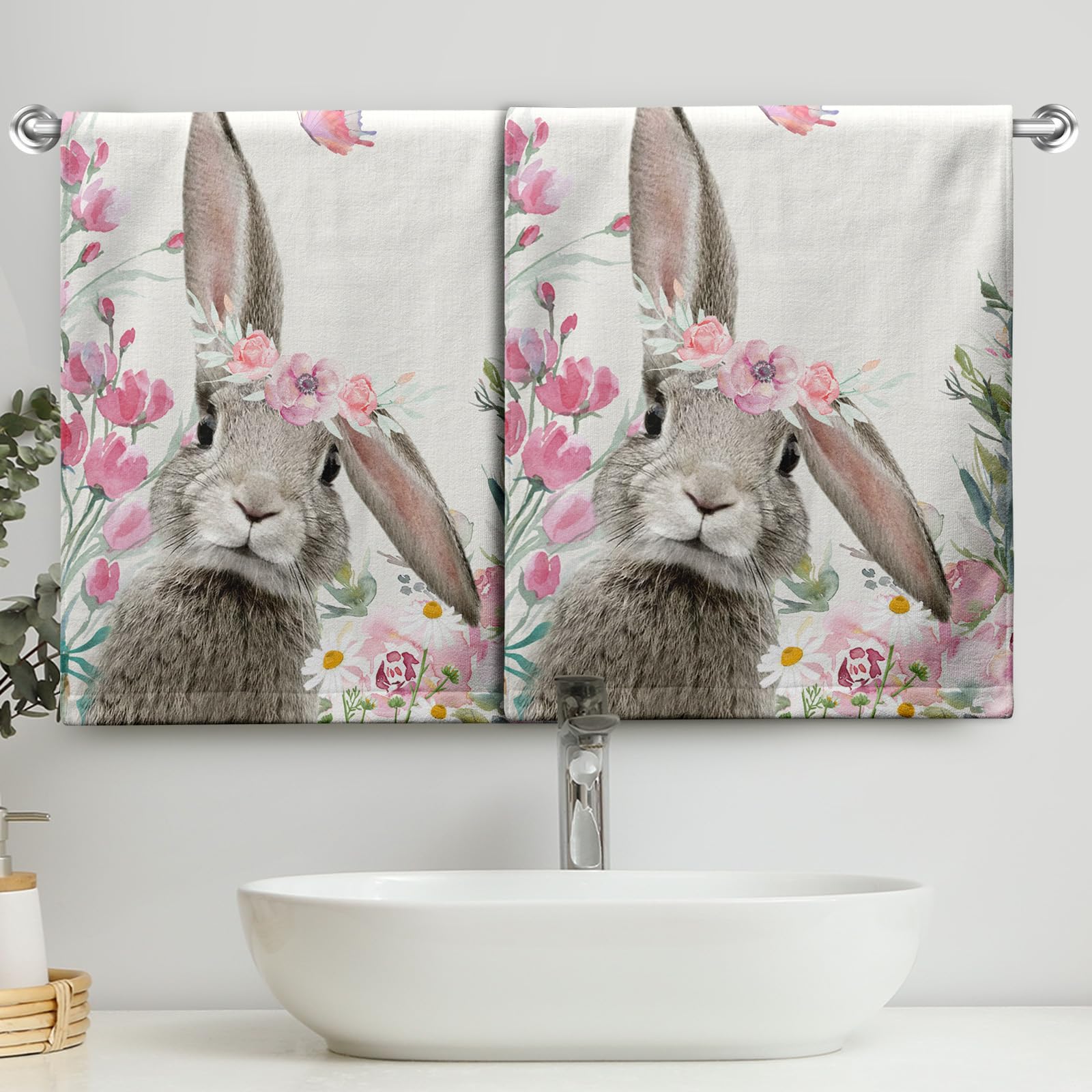 Cneztholim Easter Bunny Hand Towels Spring Cute Rabbits Kitchen Towel Flowers Soft Portable Dish Tea Towels Washcloths for Kitchen Bathroom Decorations 14.4X 28.3