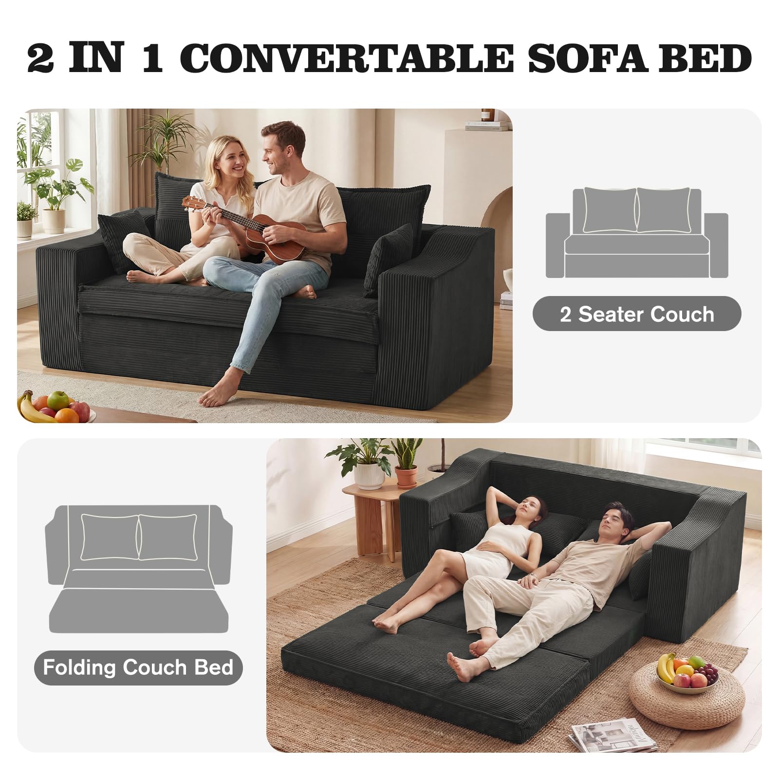 APICIZON Sofá Cama, sofá 2-en-1 sin Estructura, sofá de Suelo con Cojines, sofá de 3 plazas Convertible con función Cama, colchón Plegable (Pana - Gris Oscuro, Ancho 177 cm)