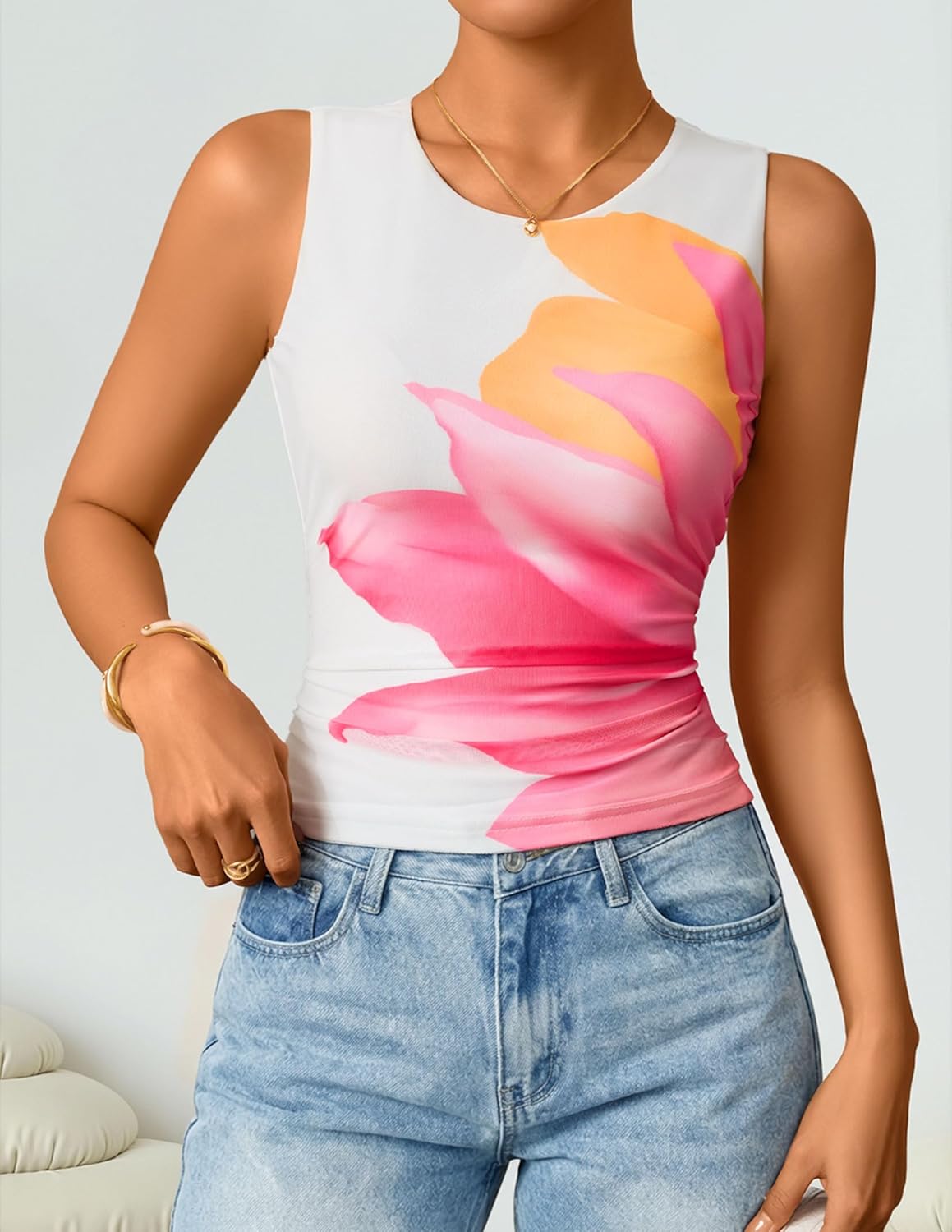 ZESICA Women's 2026 Summer Sleeveless Floral Tank Tops Mesh Y2K Crop Going Out Outfits Beach Vacation Trendy Clothes - Image 9