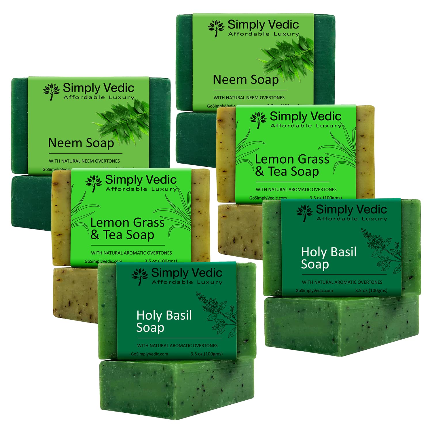Simply Vedic 6-Pack Soap Bar Collection For Body, Hand, Face; Neem (2Pc), Lemongrass-Tea (2Pc), Holy Basil (2Pc). 100% Cold Pressed Handmade For Men & Women (3.5 Oz. X 6)