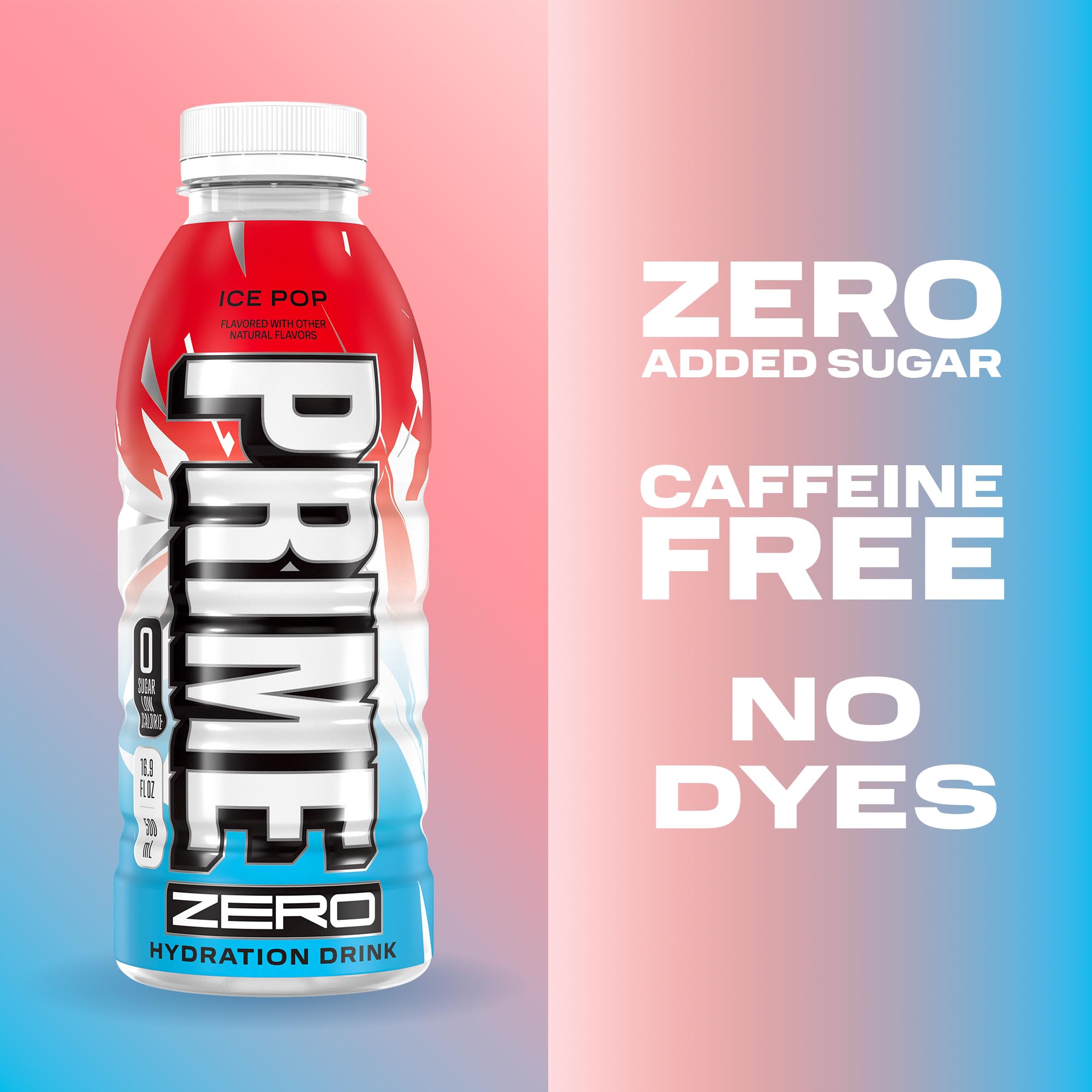 PRIME ZERO ICE POP, Sugar Free Sports Drinks, Electrolyte Enhanced to Replenish Fluids, B Vitamins, Antioxidants, Low Calorie, Made with Natural Flavors, 16.9 Fl Oz 12 Pack