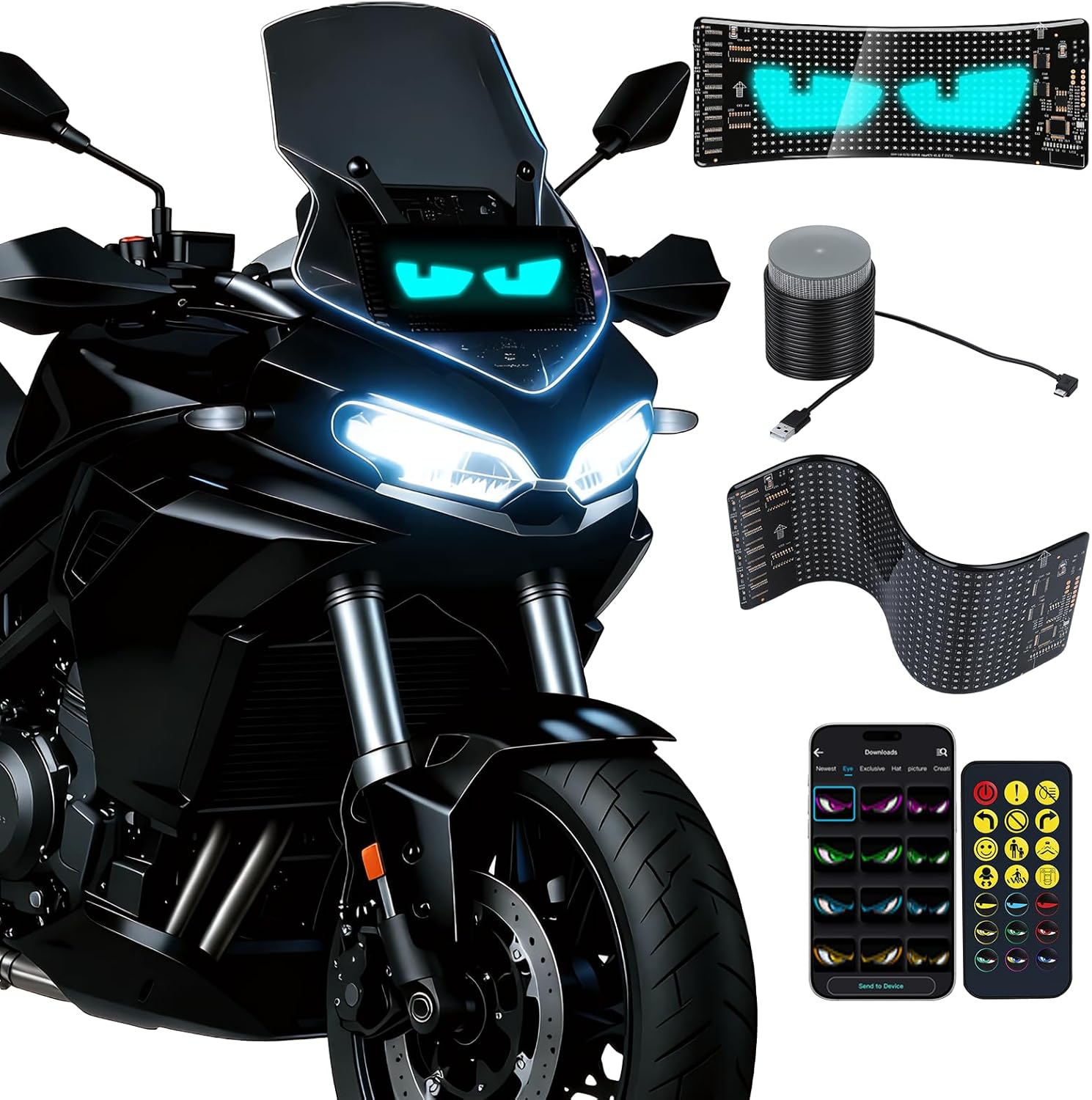 Devil Eye Lights for Motorcycle – 7"x3" LED Eyes for Car Windshield | Programmable Patterns, App/Remote Control | for Motorcycle, Taxi, Sedans, SUVs, – Custom Dynamic Sign (1-Pack)