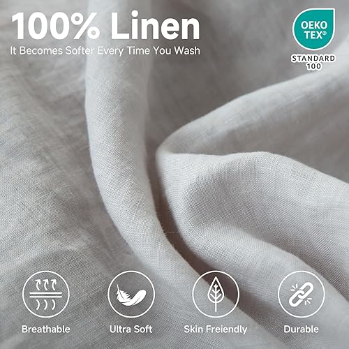 Miniatura 10 de Simple&Opulence Sábana bajera ajustable de 100 % lino prémium (1 pieza), tamaño matrimonial, sábana inferior de lino belga natural con bolsillo