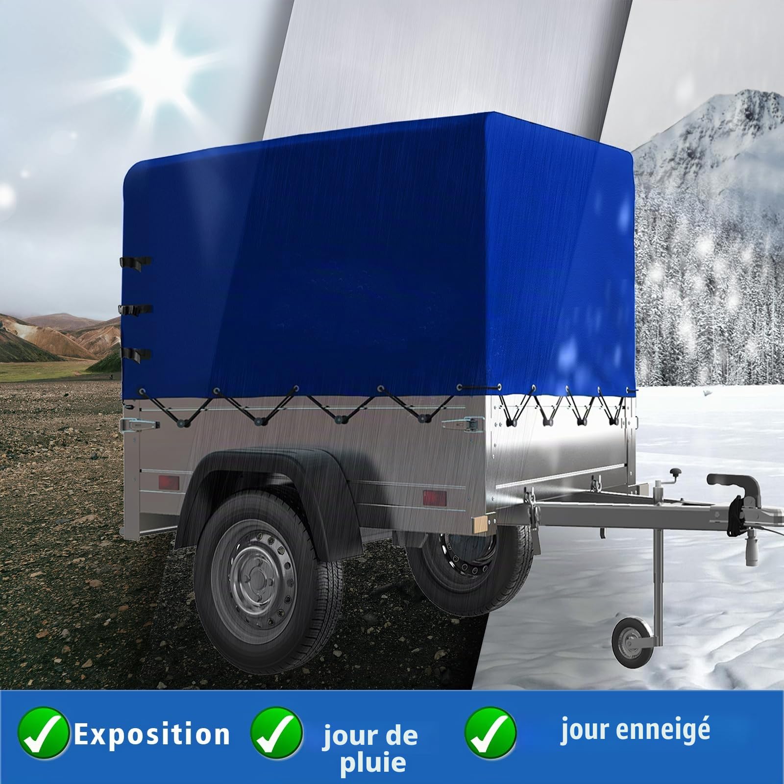 Bâche de remorque 210 x 114 x 110 cm, bord renforcé, imperméable, universelle pour remorques de voiture