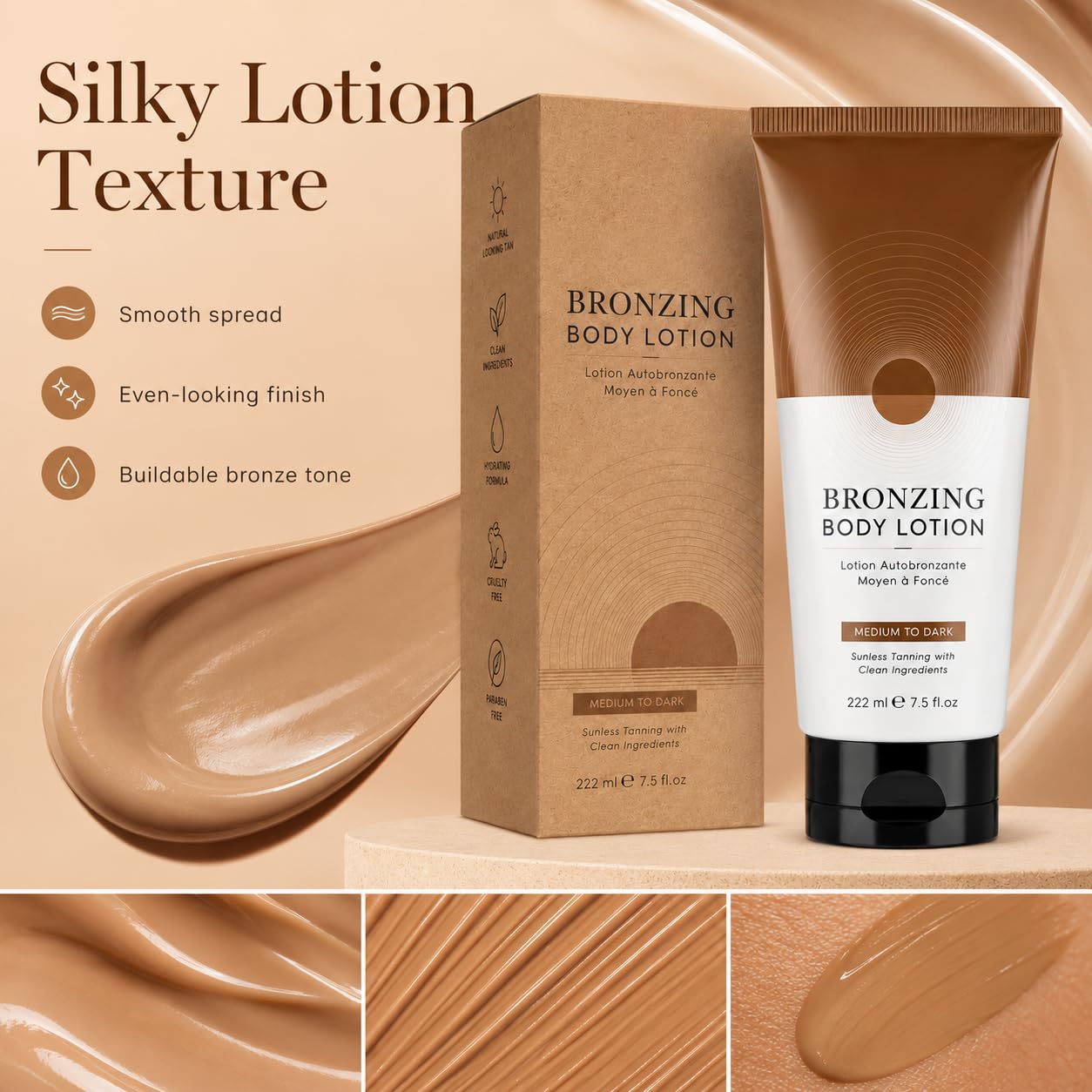 Bronzing Body Lotion, 7.5 fl oz Sunless Tanning Lotion, Medium to Dark Body Bronzer, Smooth Self Tanner Lotion for Natural-Looking Bronze Glow (2Pack Medium to Dark)
