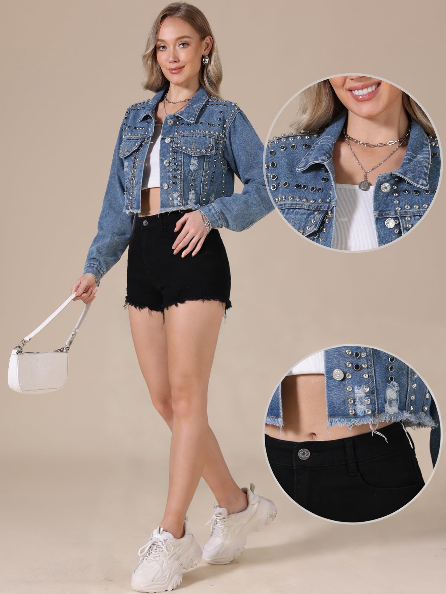 Allegra K Giacca in Denim per Donna con Borchie e Rivetti Giacca in Jeans Casual e Corta