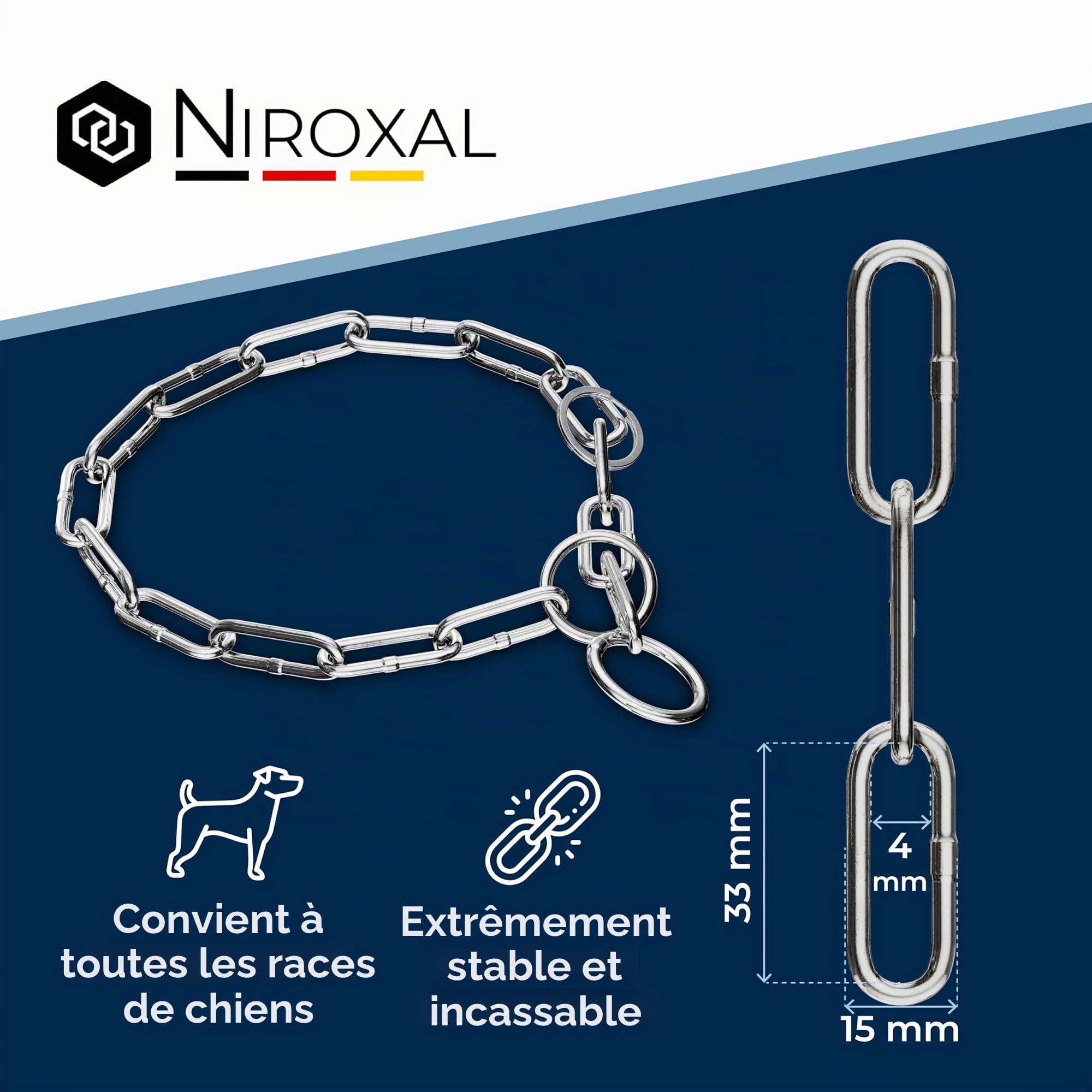 Collier de Dressage Chien Acier Inoxydable – chaîne maillons Longs, 4 mm, 51 cm, léger et Discret, Anti-Traction