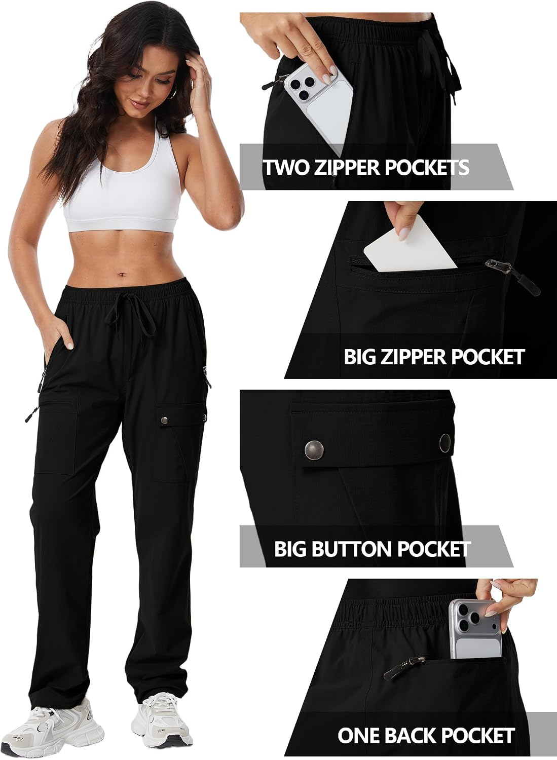 Womens Hiking Pants Lightweight Stretch Quick Dry Water Resistant Straight Cargo Travel Outdoor Pants with Zipper Pockets
