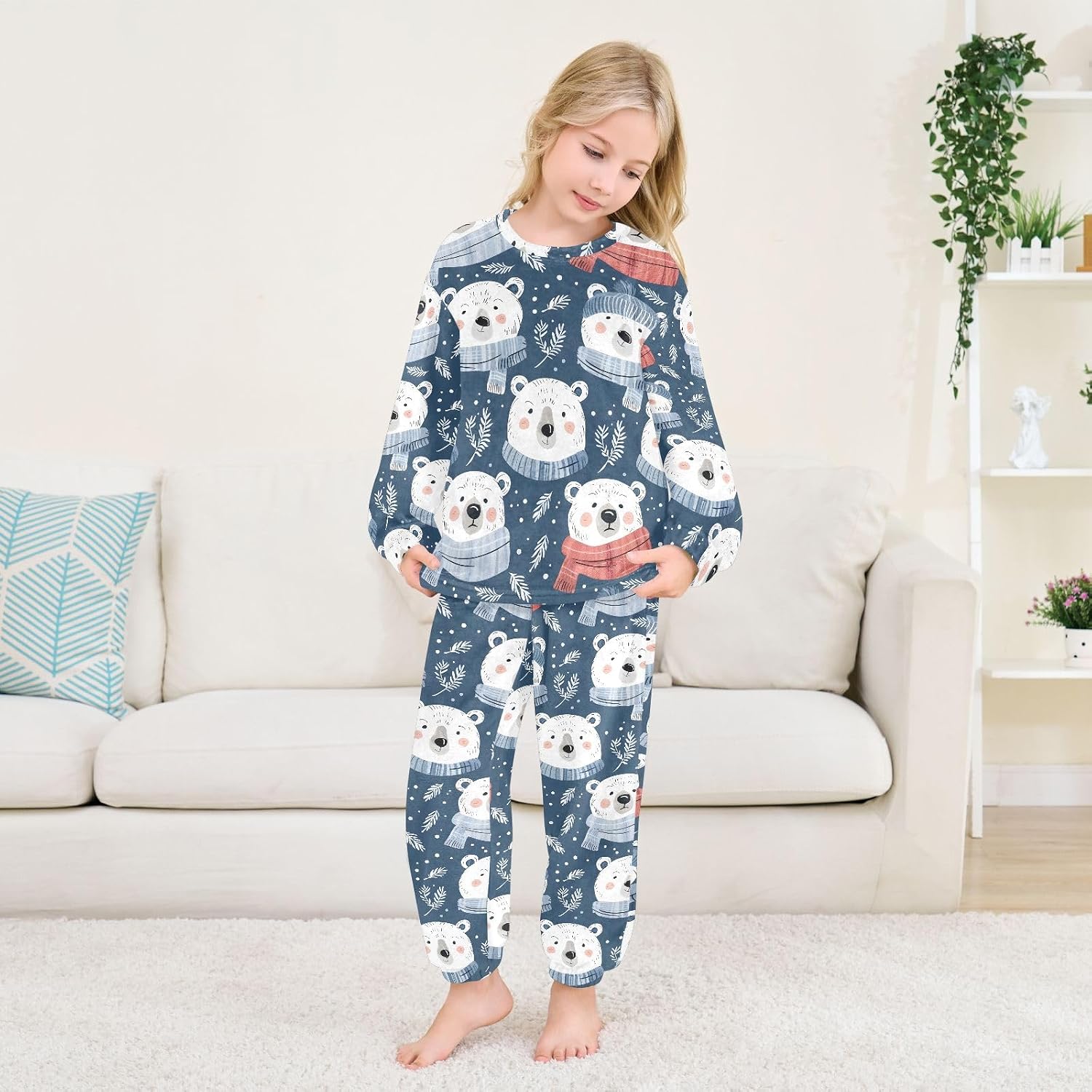 Kids Flannel Sets Bear Grass Warm Plush Relaxed Clothing for Boys and Girls