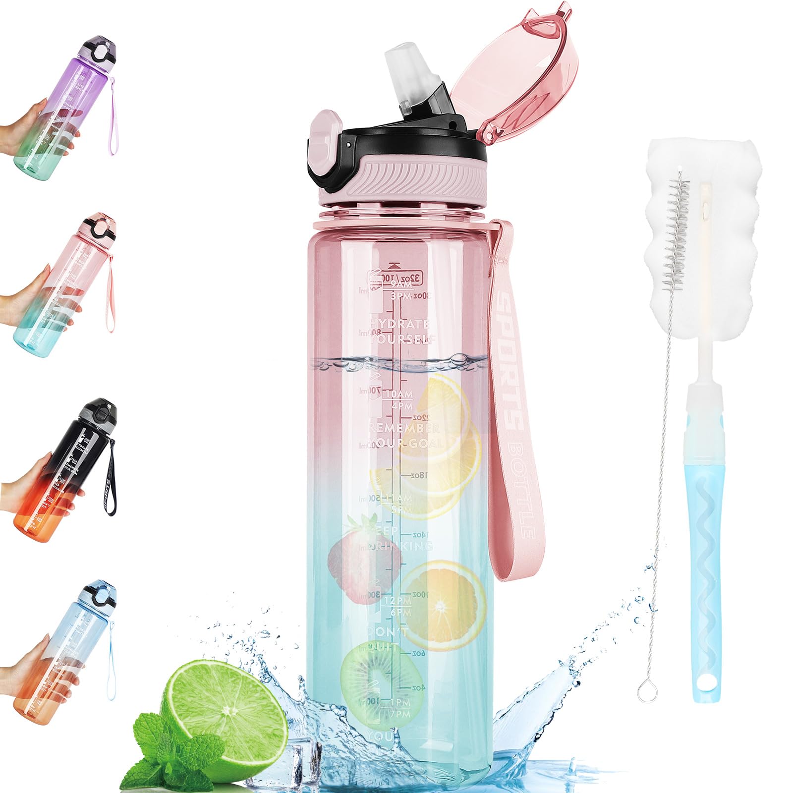 AOHAN Trinkflasche 1L klare Wasserflasche mit Strohhalm BPA Freie Sport Flasche Geschirrspüler Sichere Auslaufsichere Motivierende Trinkflasche mit Zeitmarkierungen für Schul, Sport