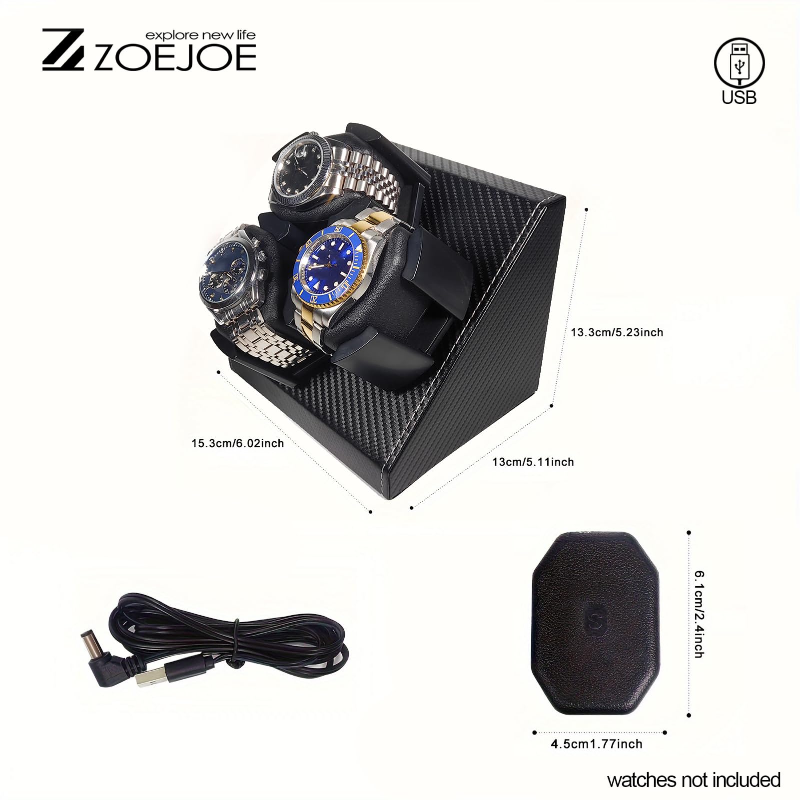 ZOEJOE Automatic Watch Winder, 3 Slots for Automatic Watches, Flexible Pillow Fit Men's and Women's, 2 Modes and USB Cable Power Supply, Black PU Leather