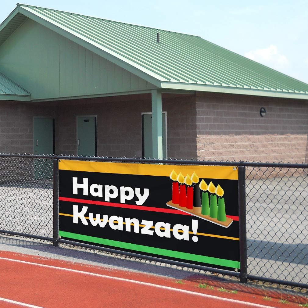 Vinyl Banner Sign Happy Kwanzaa Candles Lifestyle Outdoor Marketing Advertising Black - 16inx40in, 4 Grommets, One Banner