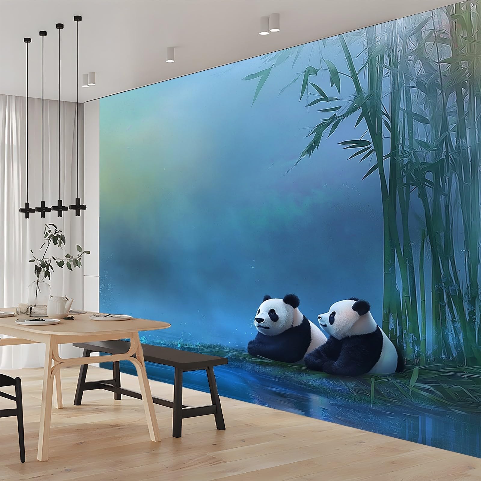 Panoramiczna tapeta ze zwierzęciem orientalna panda niebieska czarna 200 x 140 cm (szer. x wys.) panoramiczna 3D nowoczesna dekoracja ścienna do salonu sypialnia wnętrze gigantyczne tapety kuchnie