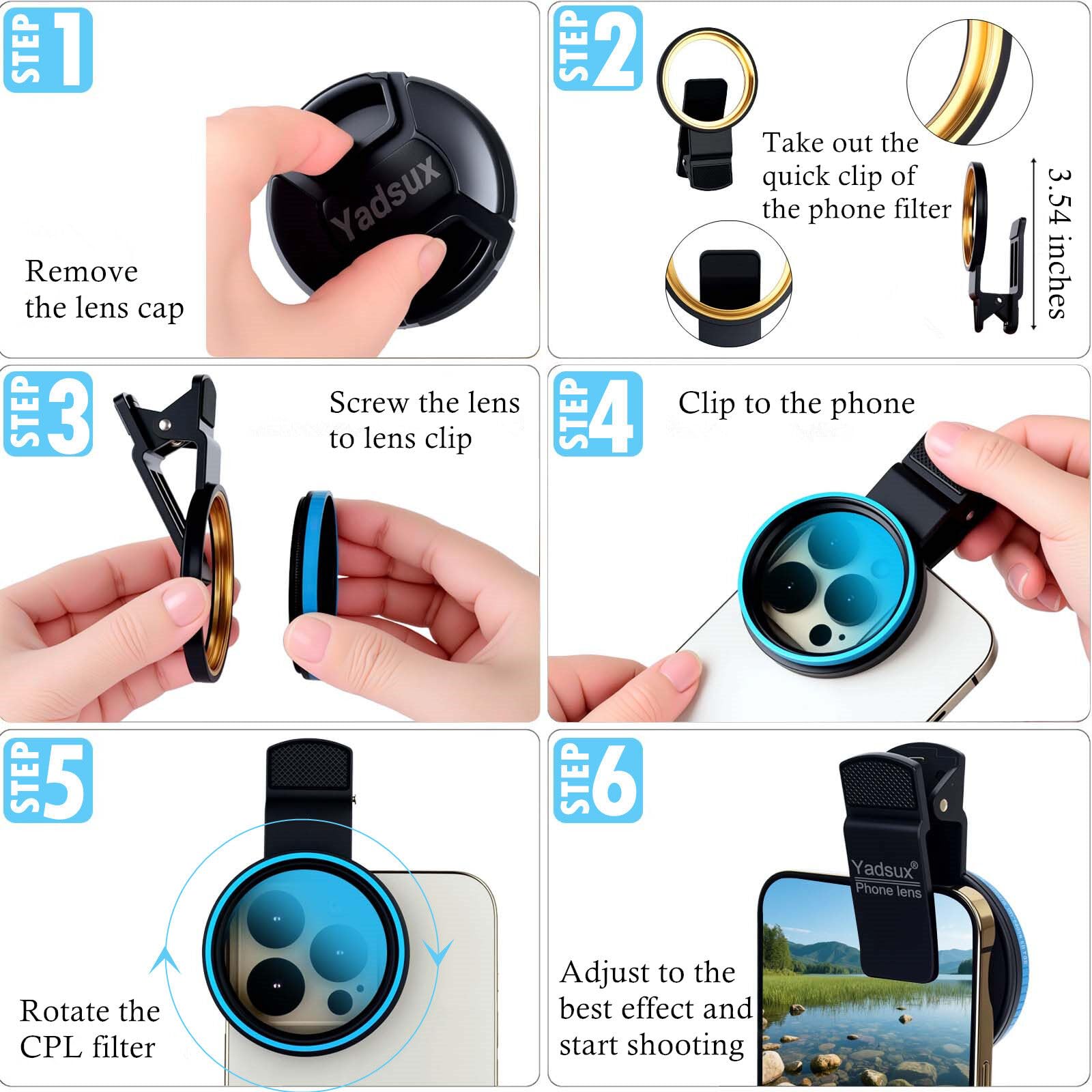 Kit de filtre polarisant CPL 52 mm pour téléphones mobiles, objectif universel à clipser avec étui de rangement, compatible avec Samsung, Apple, Xiaomi, Motorola, Honor, OPPO