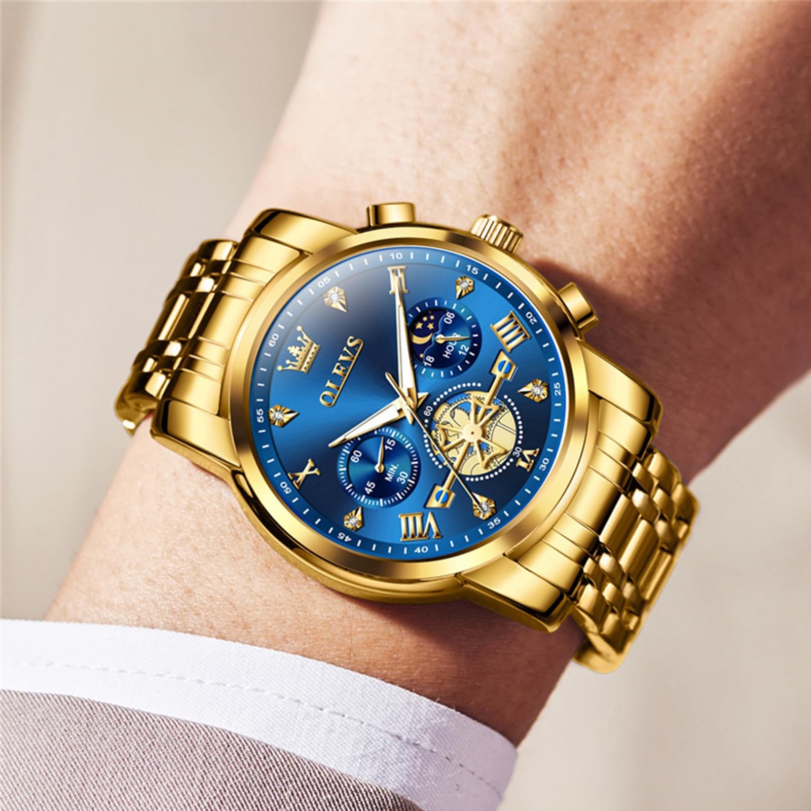 OLEVS Reloj para Hombre, con código de Tiempo, Correa de Acero Inoxidable, Resistente al Agua, Multifuncional, subesfera, Reloj de Negocios, Cuarzo Redondo