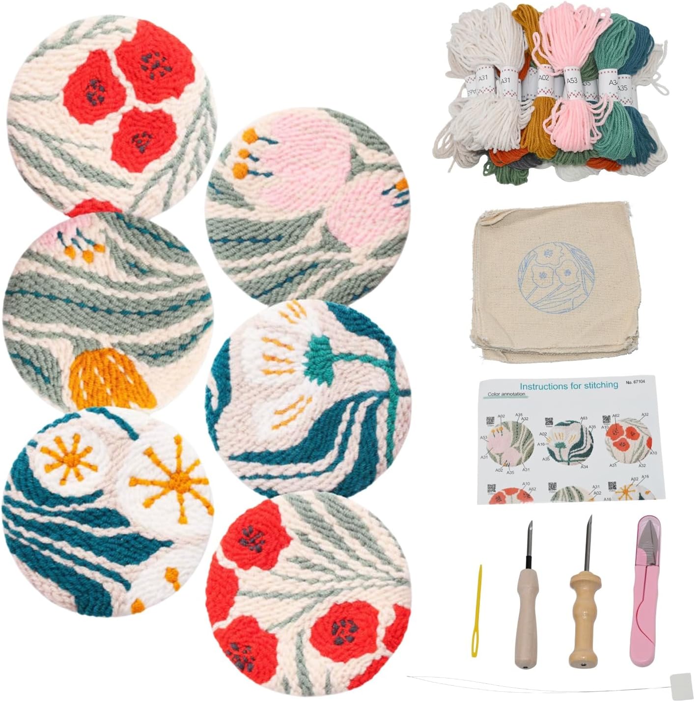 Mooncci Punch Needle Coaster Kit, 6pcs Flower Pattern Needle Punch Kits with Tools and Instructions for Adults Beginners, Great Festival Gift and Decoration Ideas