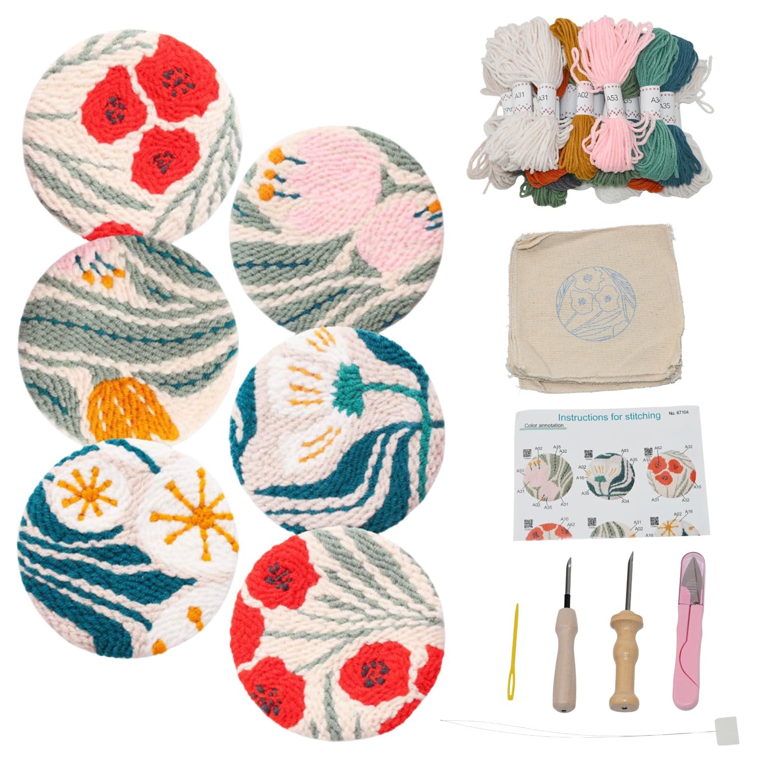 Mooncci Punch Needle Coaster Kit, 6pcs Flower Pattern Needle Punch Kits with Tools and Instructions for Adults Beginners, Great Festival Gift and Decoration Ideas