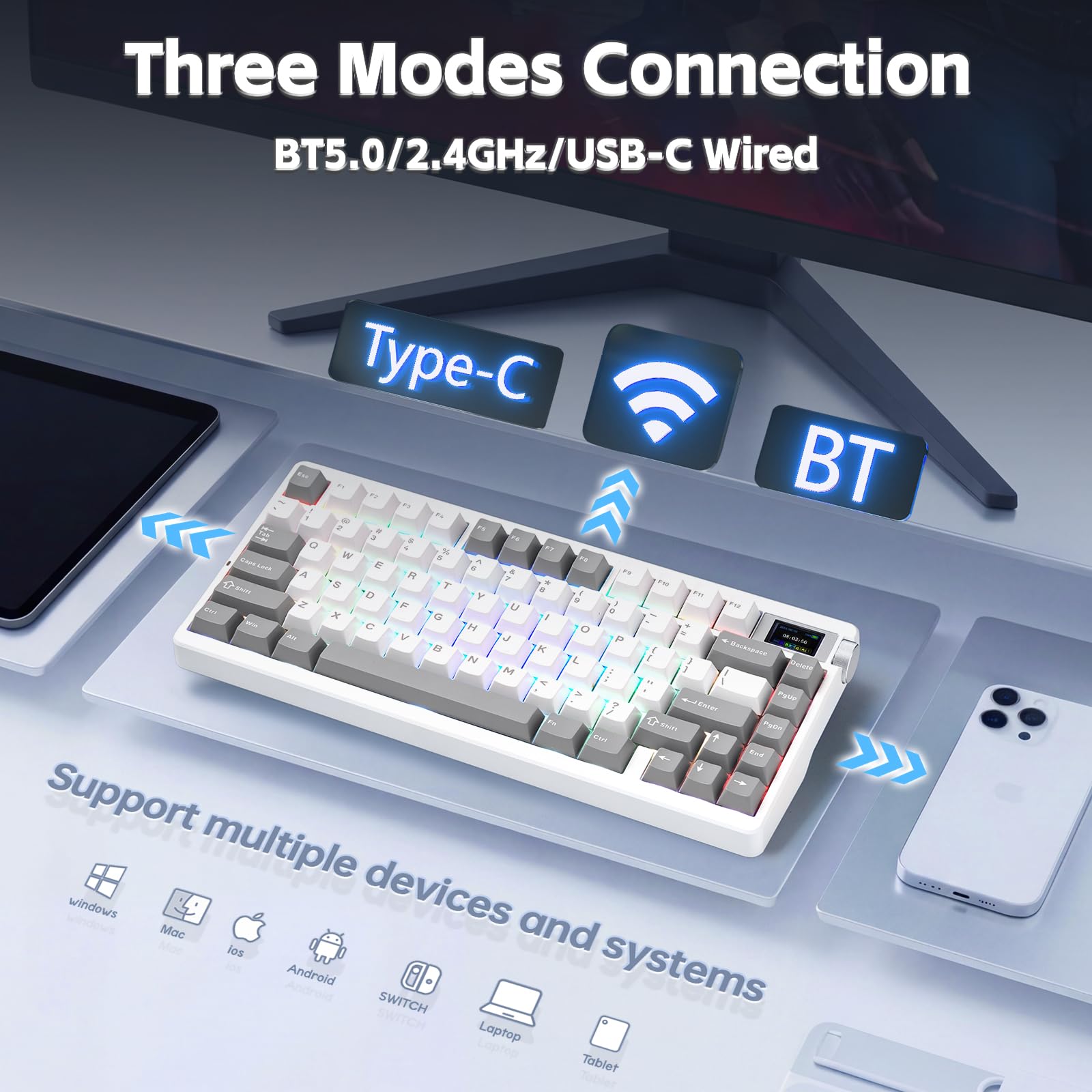 X Aula Nova75 - Tastiera meccanica da gioco, 75% tastiera wireless compatta con schermo e manopola, per interruttori pre-lubrificati, tastiere per computer da 8000 mAh, retroilluminazione RGB, hot