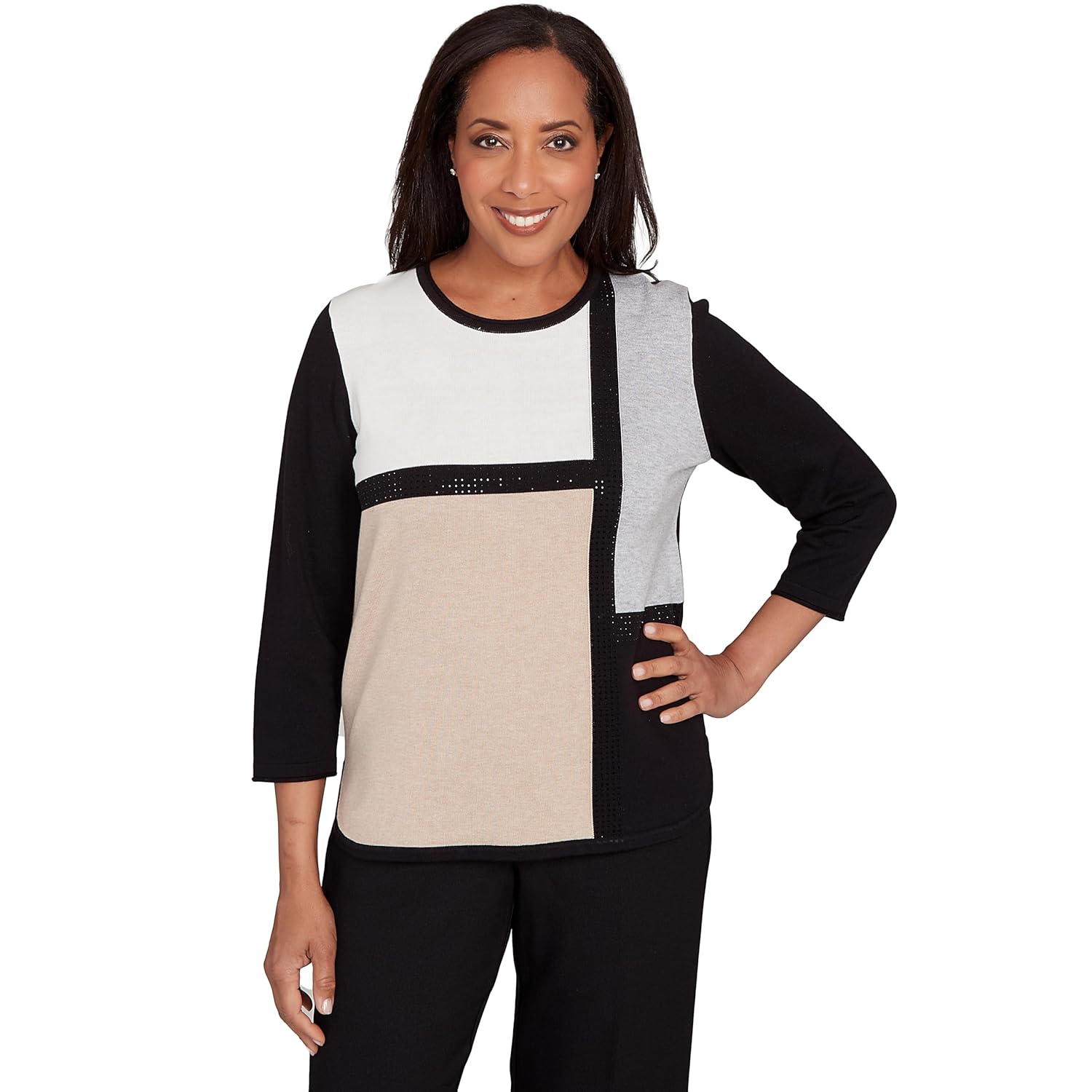 Alfred Dunner Womens Colorblock Long Sleeve Sweater