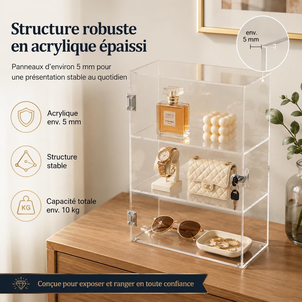 Vitrine de présentation verrouillable à 3 niveaux en acrylique, avec serrure, transparent, support d'exposition pour la maison, bureau, magasin, exposition, pièces de collection