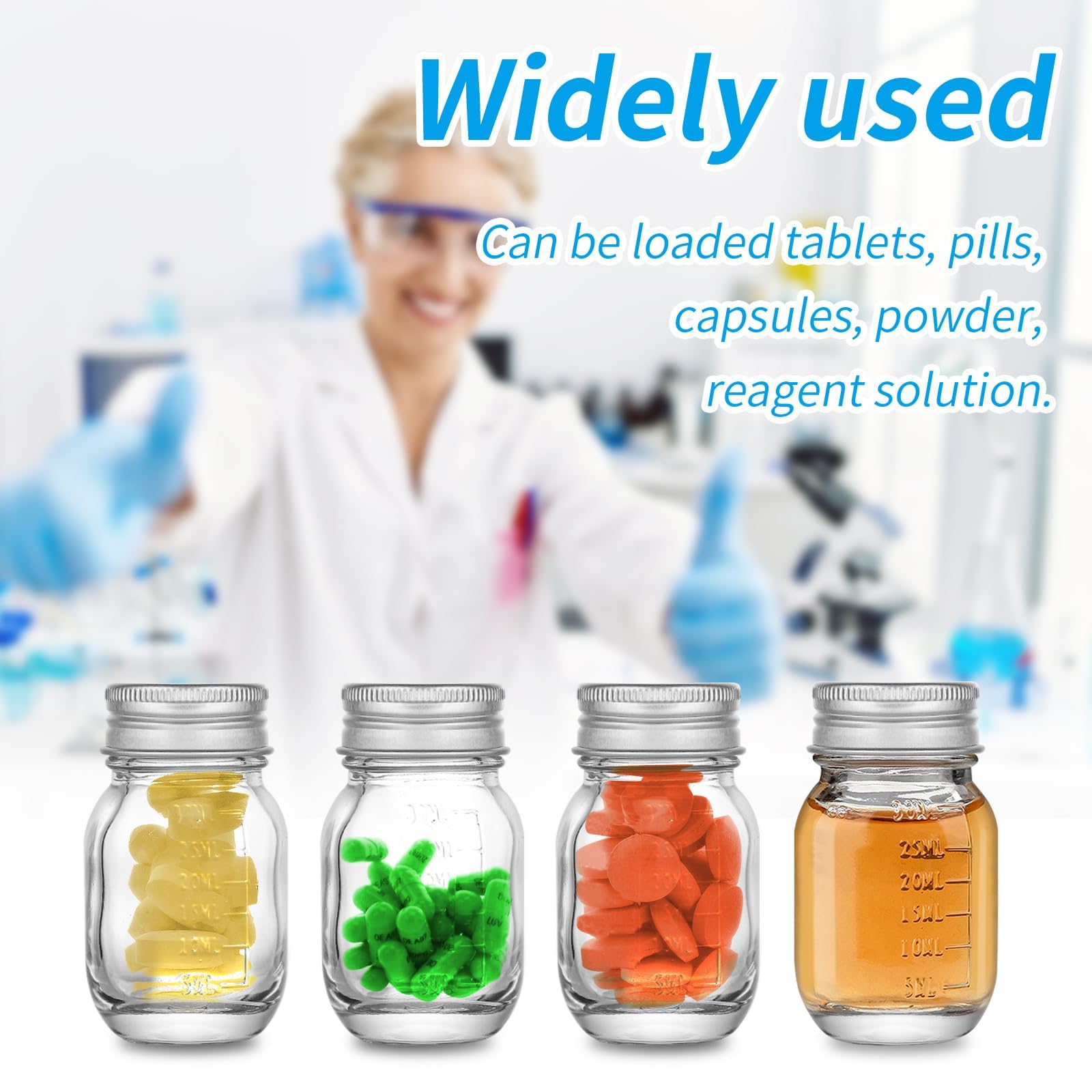 Bottiglie di vetro per medicinali da 30 ml, bottiglie di vetro trasparente per reagenti, bocca larga, tappo a vite con scala per la casa, coperchio color argento (25)
