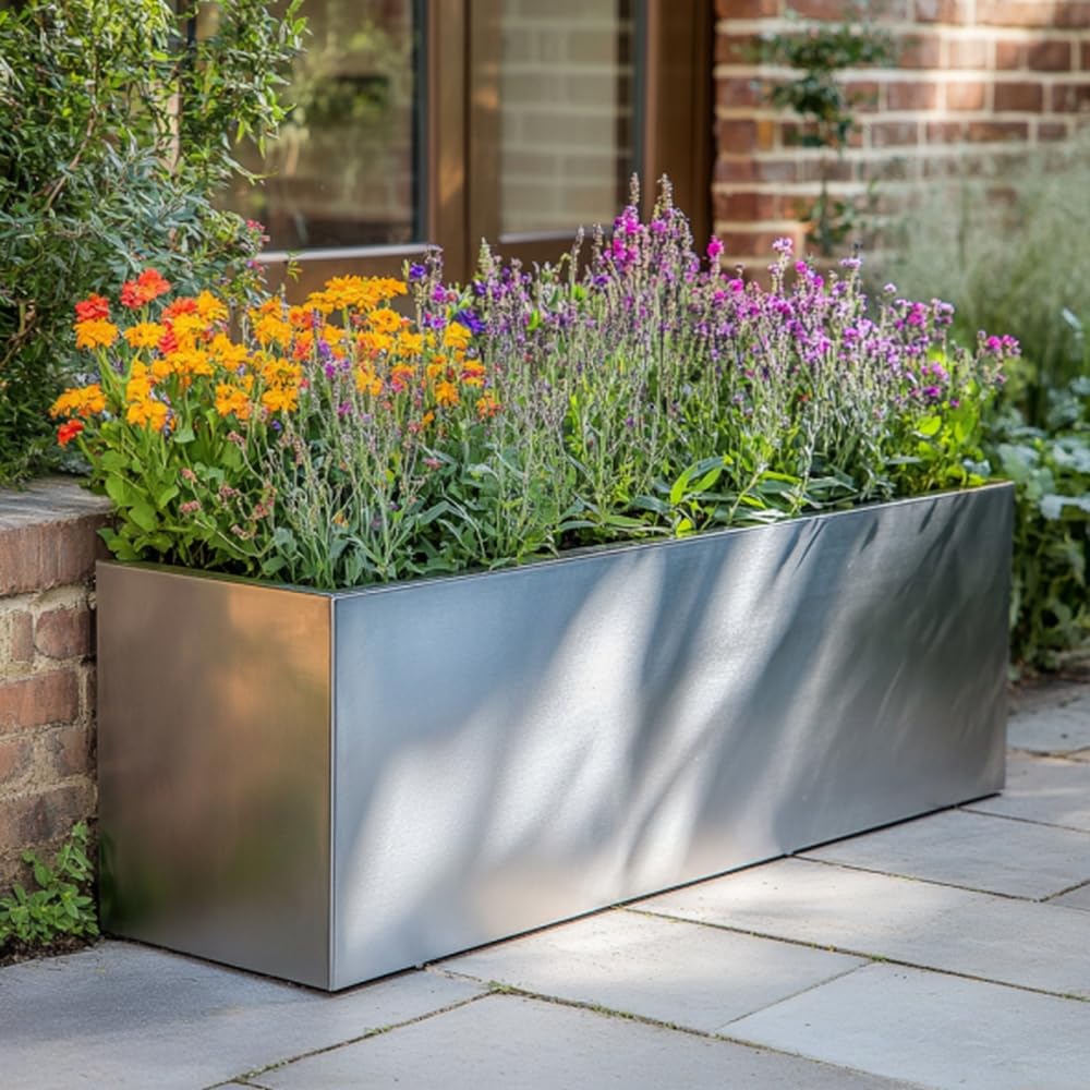 Tulipy 1.2m/1m/75cm/70cm Zinc Galvanised Trough Planter | No Assembly Needed | Lightweight (Silver, L75cm x W32cm x H32cm)