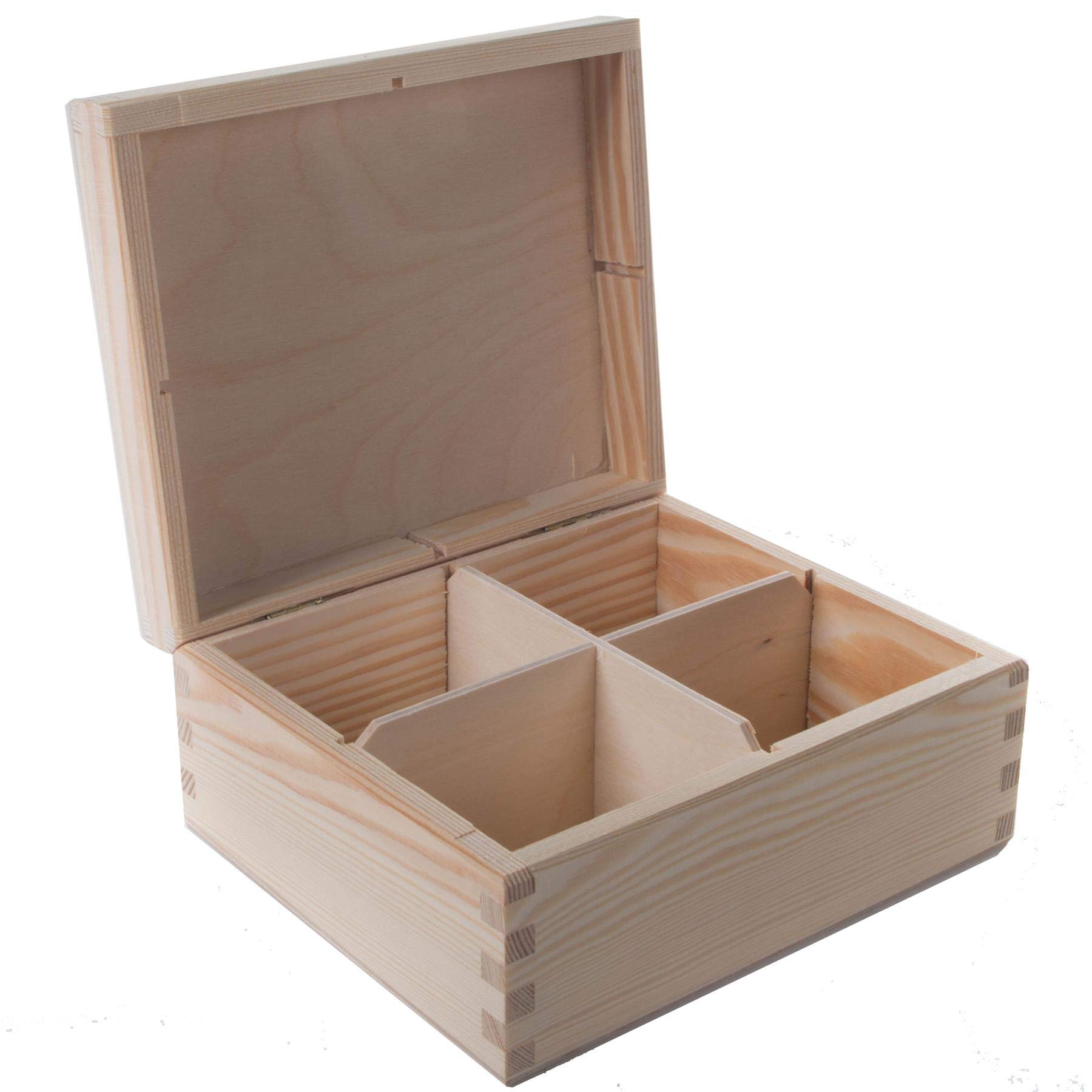 Woodeedoo Wooden Decorative Box With 4 Compartments | 18 X 15.5 X 8 Cm | Accessories Storage Case Tea Bag Sewing Jewellery Caddy Organiser Divided Sections| Natural Unpainted & Untreated Wood For Craft