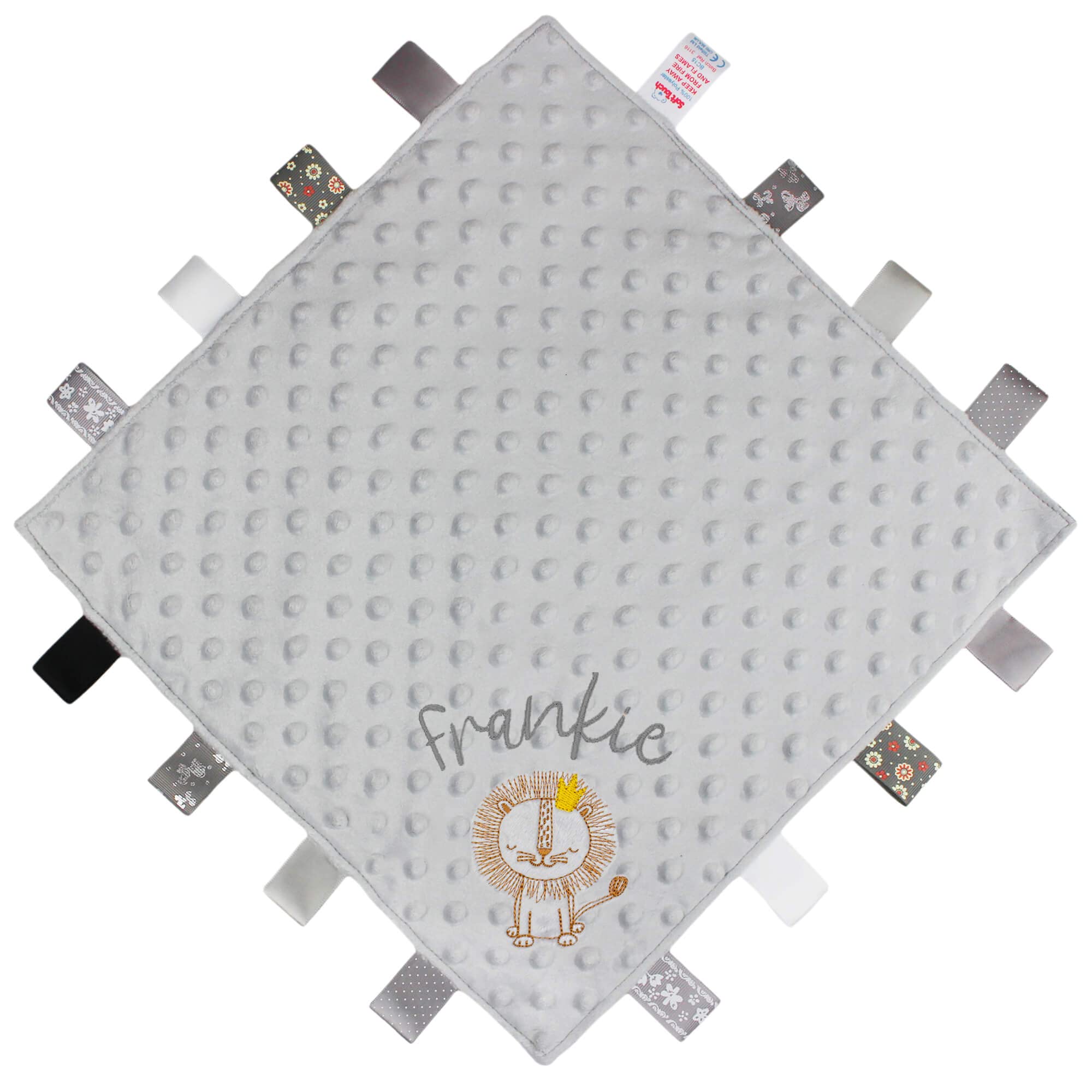 Teddyts Personalised Grey Embroidered Lion Baby Taggy Blanket Comforter, One Size