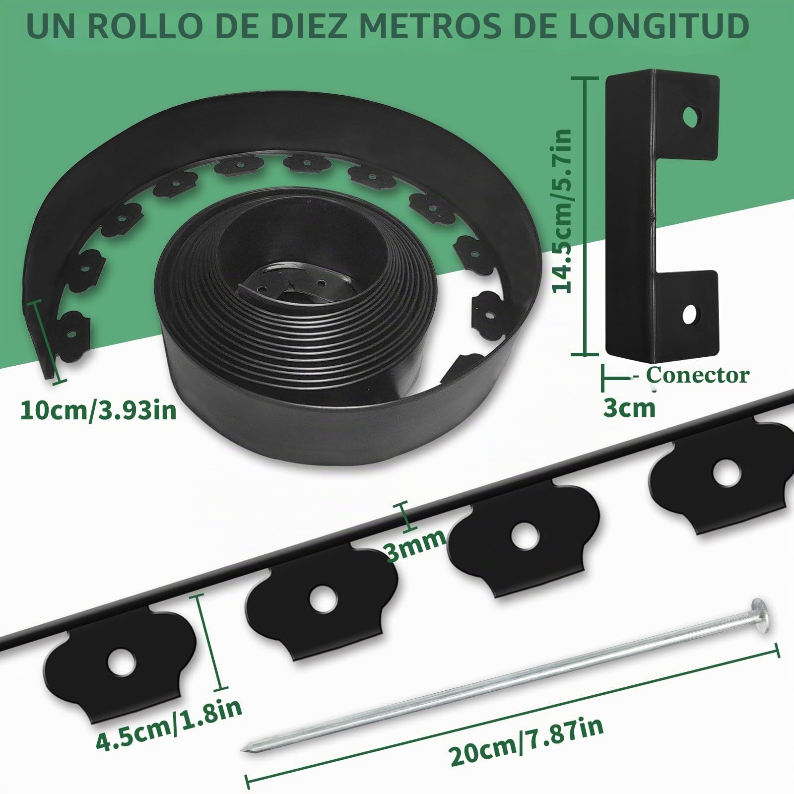 Borduras Jardin, 20M X 10CM Juego De Bordes Jardin Exterior para Tierra, Juego De Bordes para CéSped con 60 Picos De Anclaje De Acero 3MM De Grosor.