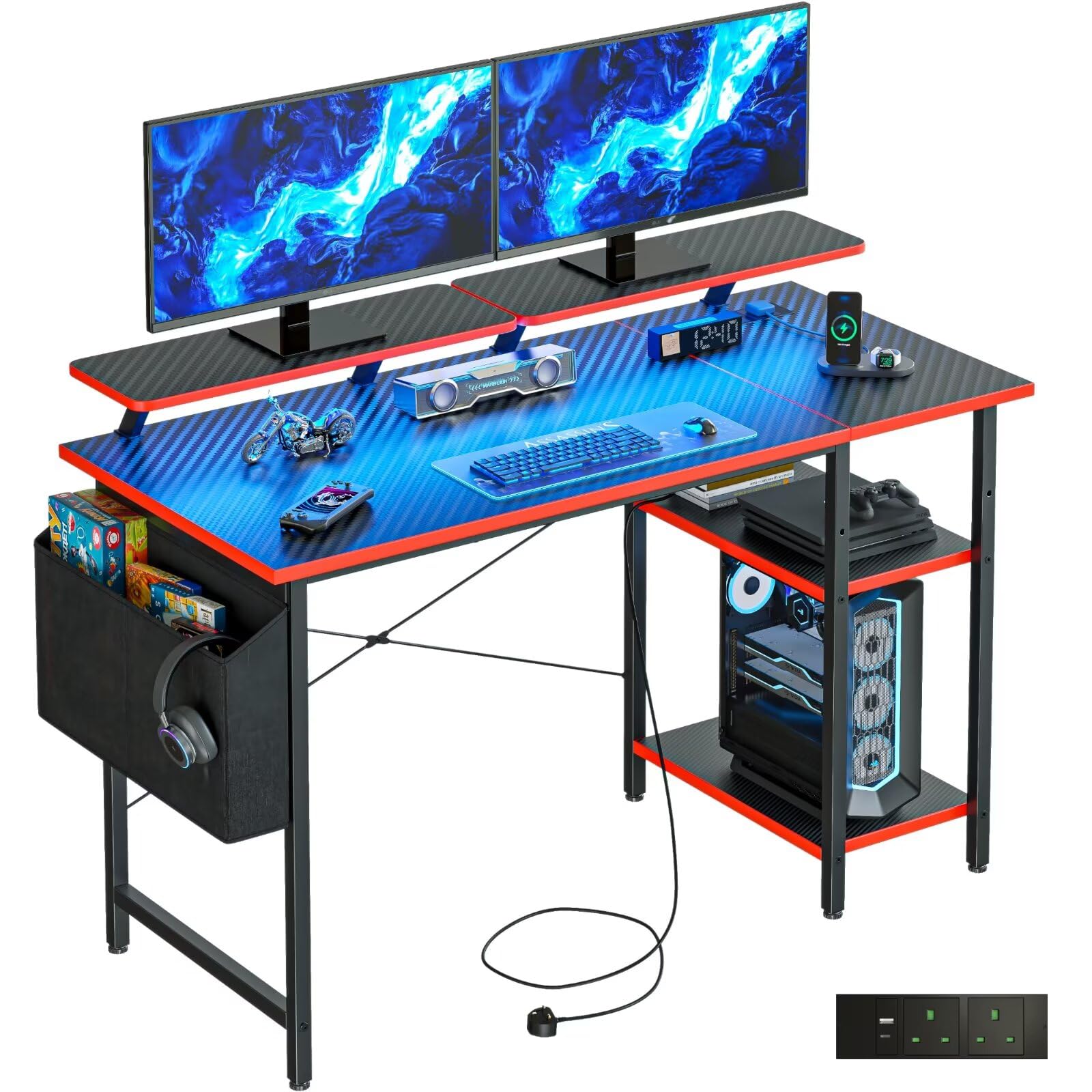 DOMSHOCT Gaming Desk with LED Lights & Power Outlets, Reversible Computer Desk with Storage Shelves & Dual Monitor Stands, for Home Office & Study, 100×50cm Carbon Fiber Black