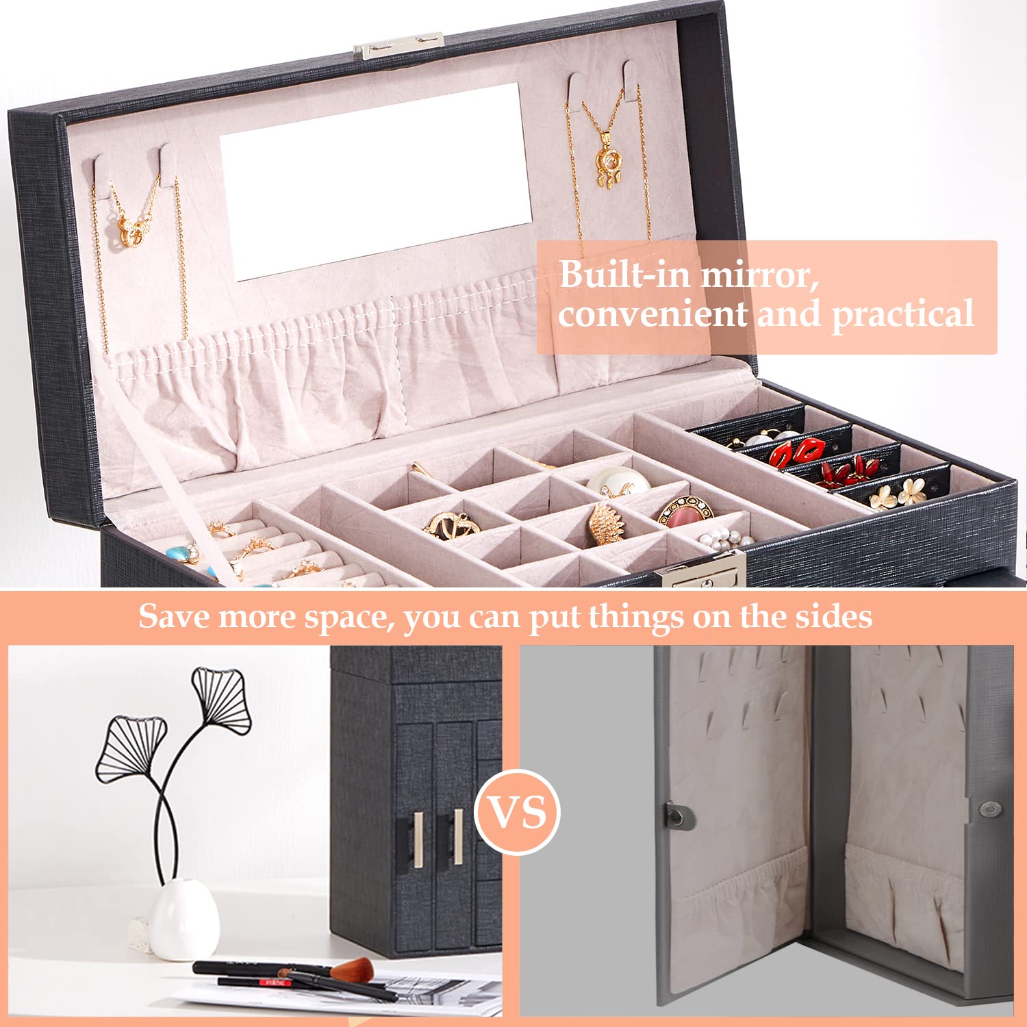 ANWBROAD Huge Jewelry Box Jewelry Organizer Case 6 Tier 40 Hooks Display Storage Holder with Lock Mirror Girls Jewelry Box Earrings Rings Necklaces Bracelets Earrings Gift Faux Leather Black UJJB018B