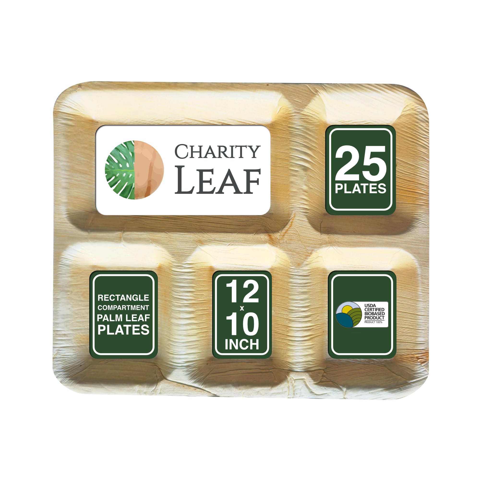 Charity Leaf Piatti piani compostabili rettangolari da 30,5 x 25,4 cm, 5 scomparti, in foglia di palma (confezione da 25), di alta qualità, 100% naturali, usa e getta, resistenti, perfetti per feste,
