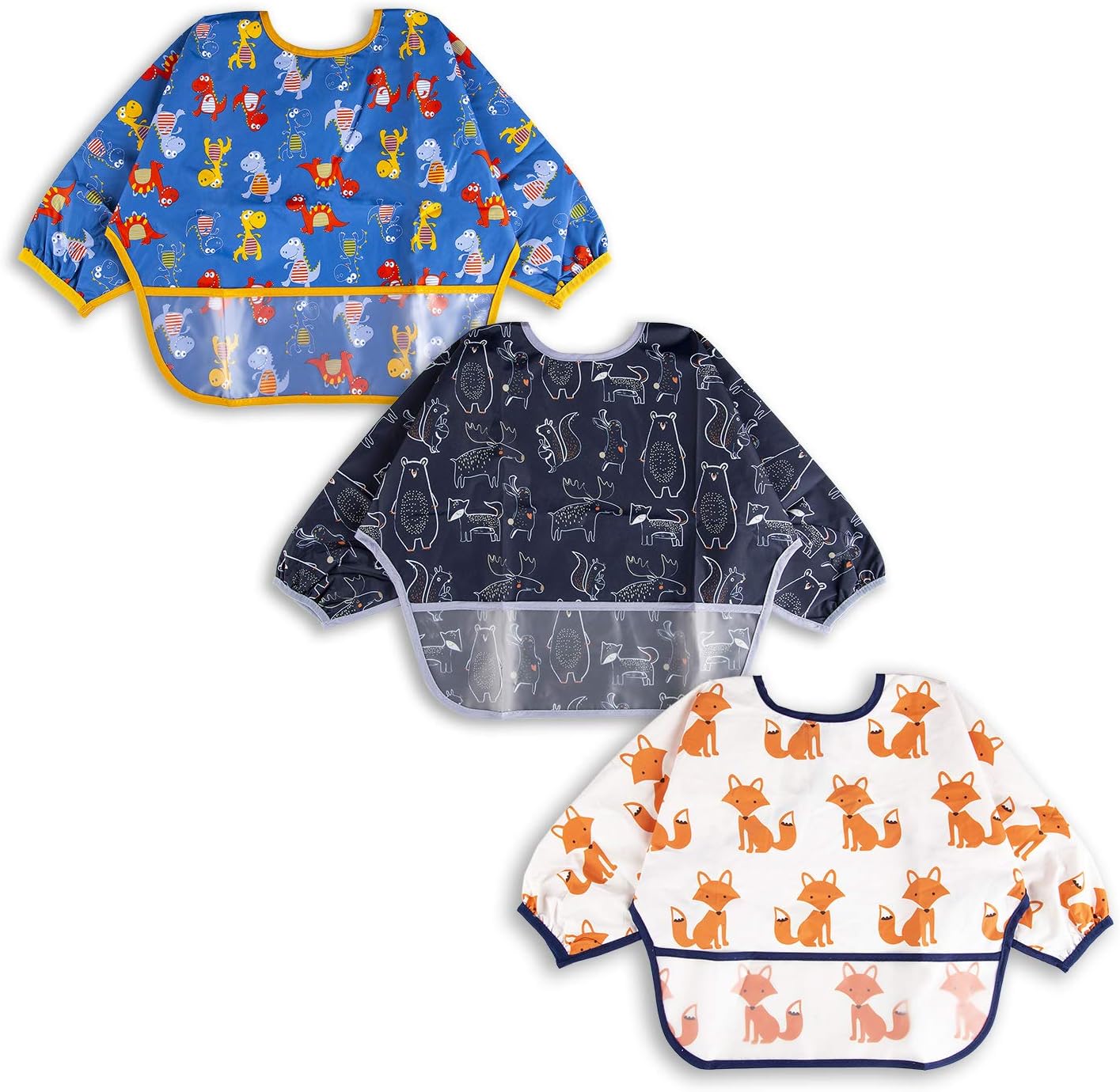 3 Pcs Long Sleeved Bib Set|Baby Waterproof Bibs with Pocket Bundle|Toddler Bib with Sleeves|Stain Resistance Smock 6-24 Month