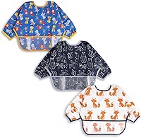 Vista 8 de Juego de baberos de manga larga de 3 piezas, baberos impermeables para bebés con bolsillo, babero para niños pequeños con mangas, bata resistente a