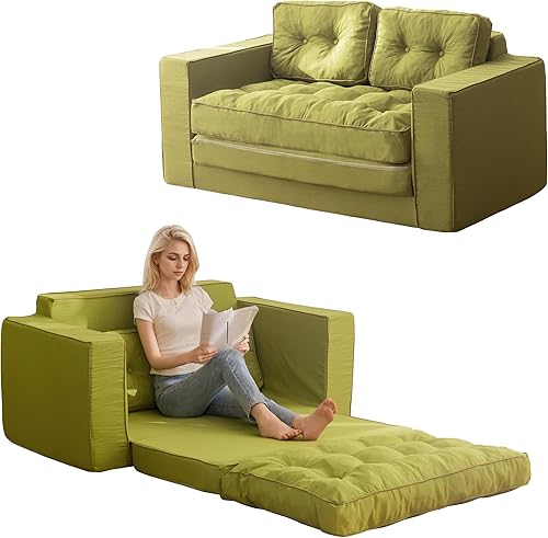 YOSHOOT Sofá biplaza convertible de 55 pulgadas, sofá cama futón para sala de estar, sofá cama extraíble 3 en 1 con respaldo y almohadas, color verde