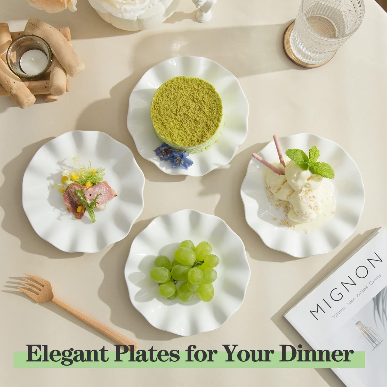 7 Inch Porcelain Small Dinner Plates, Set of 12, White Appetizer Plates, Wave Rim Dessert Salad Plate, Serving Dishes for Cake, Snack, Ice Cream, Waffles, Microwave, Oven, Dishwasher Safe