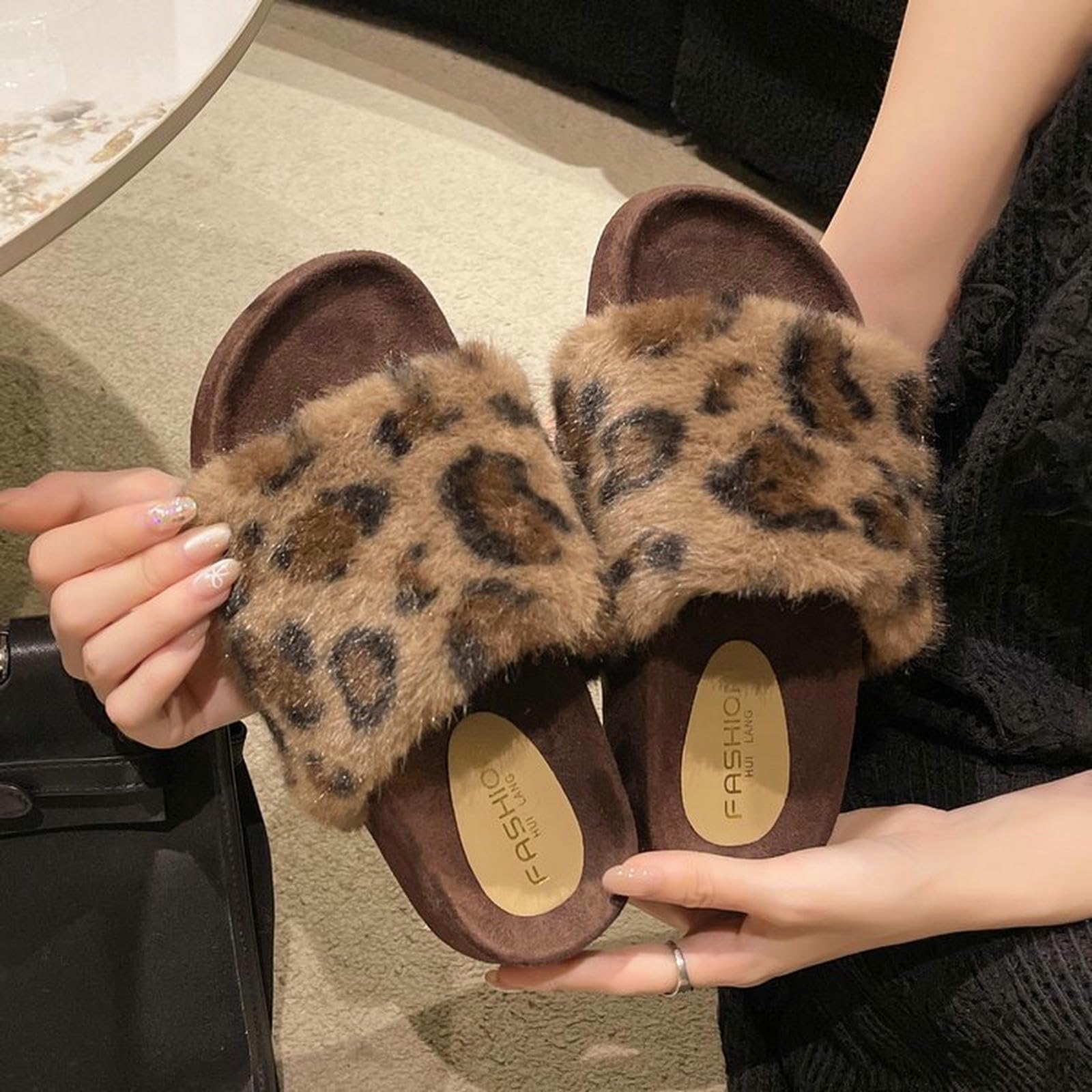 Donna Pantofole di Pelliccia Stampa Leopardo da Indossare All'aperto E Abbinare I Mobili-marrone-35
