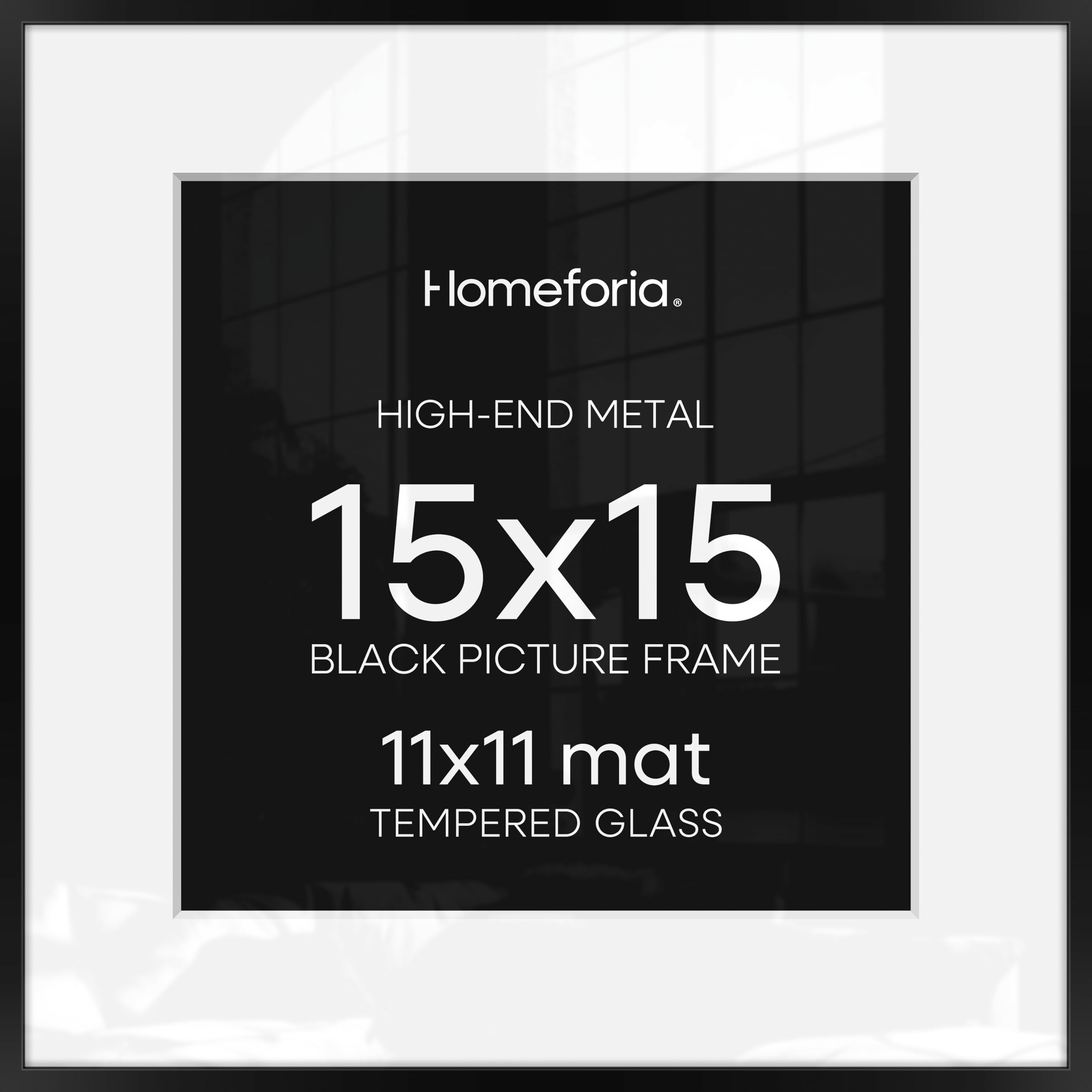 Homeforia 15x15 Black Picture Frame, High-End Metal, 11x11 Mat, Glass | High End Aluminum, Tempered Glass, Acid-Free 11x11 Removable Mat, 15x15 in Edge-to-Edge Display 15x15, Wall Kit, Set Of 2