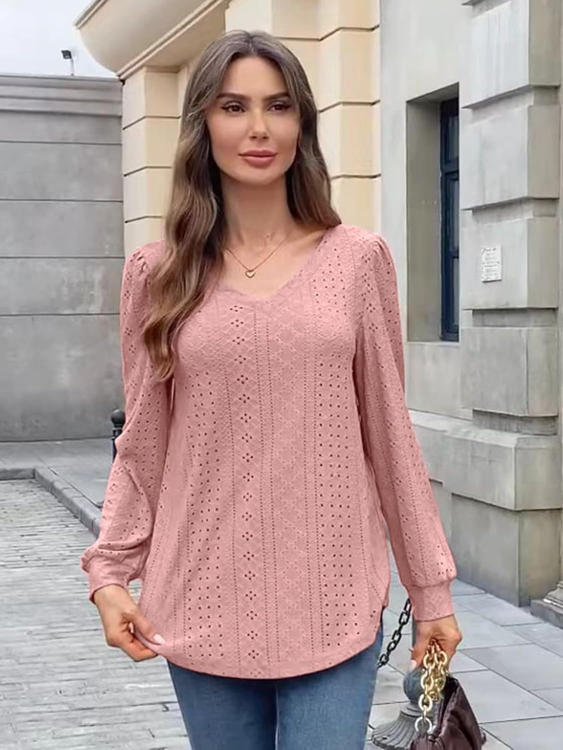 Women’s Casual Long Sleeve Shirts V Neck Hollow Out Top Loose Fit Blouses Fall Winter - Image 2