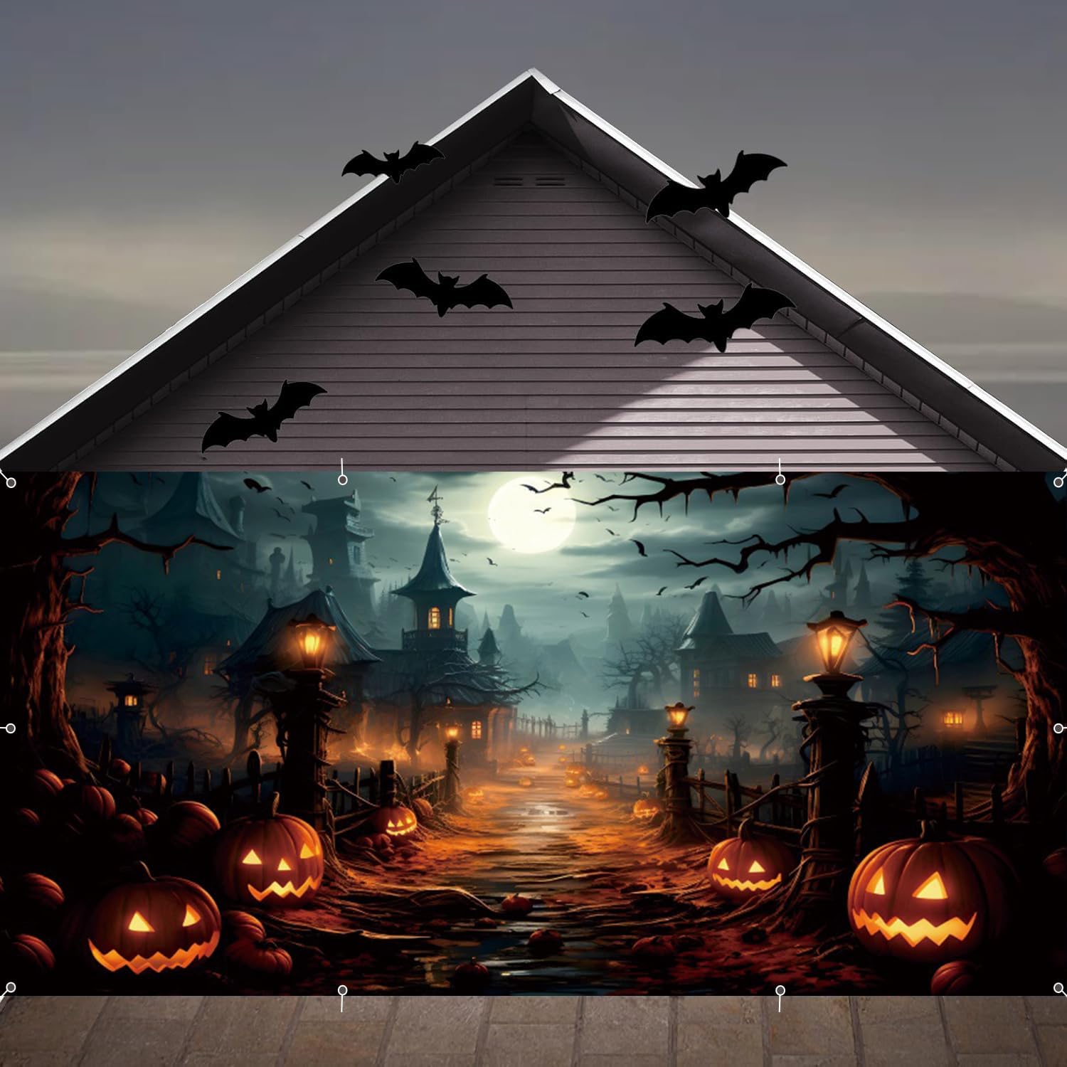 Halloween Garage Door Cover Banner Decorations 7x16ft Scary Halloween Backdrop,Large Hanging 2 Car Garage Door Cover,Spooky Forest Horror Castle Backdrop Wall Decor for Outdoor Holiday Decorations