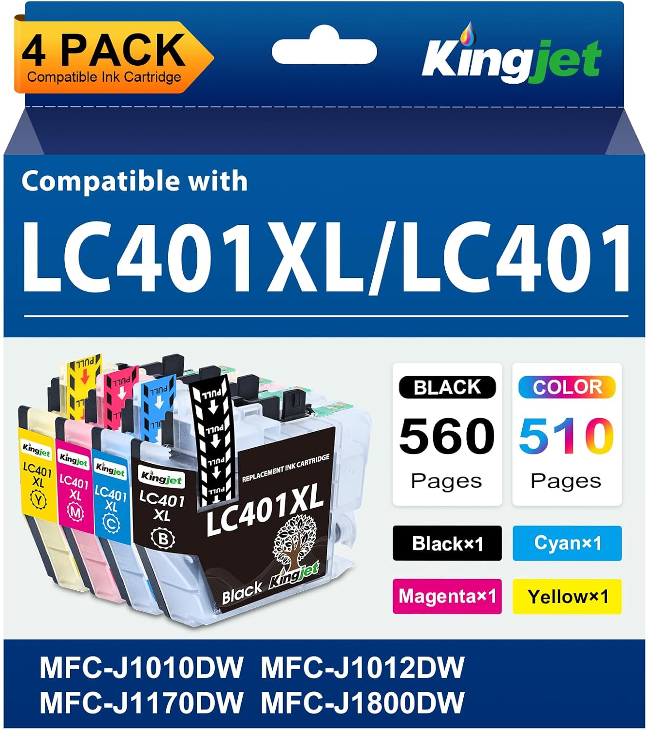 Kingjet Ink LC401XL Ink Cartridges Replacement for Brother LC401 Ink Cartridges LC401 XL LC401XL LC 401 Compatible with Brother Printers MFC-J1010DW MFC-J1170DW MFC-J1012DW MFC-J1800DW (4 Pack)