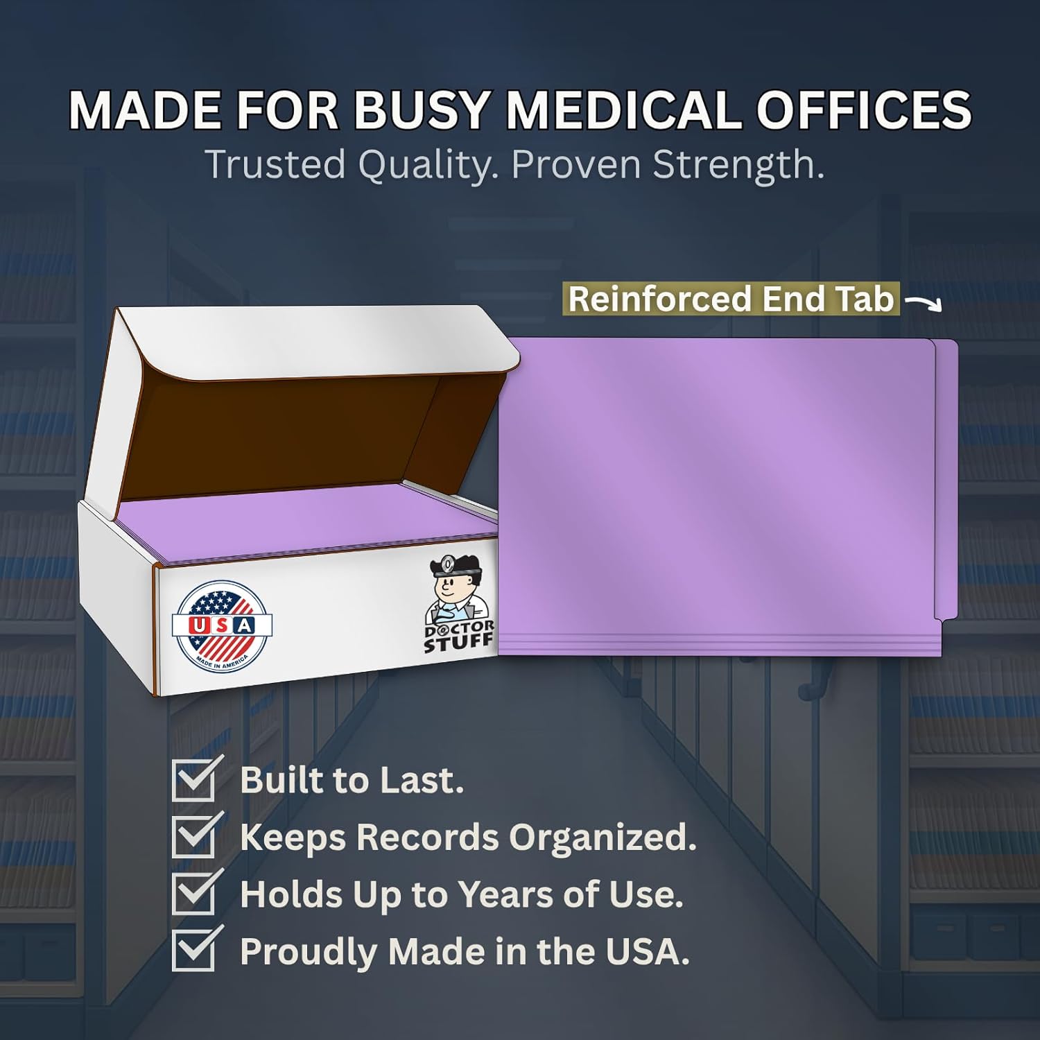Lavender File Folders, Doctor Stuff, Legal Size Reinforced End Tab Folder, 14 pt Stock, Box of 50