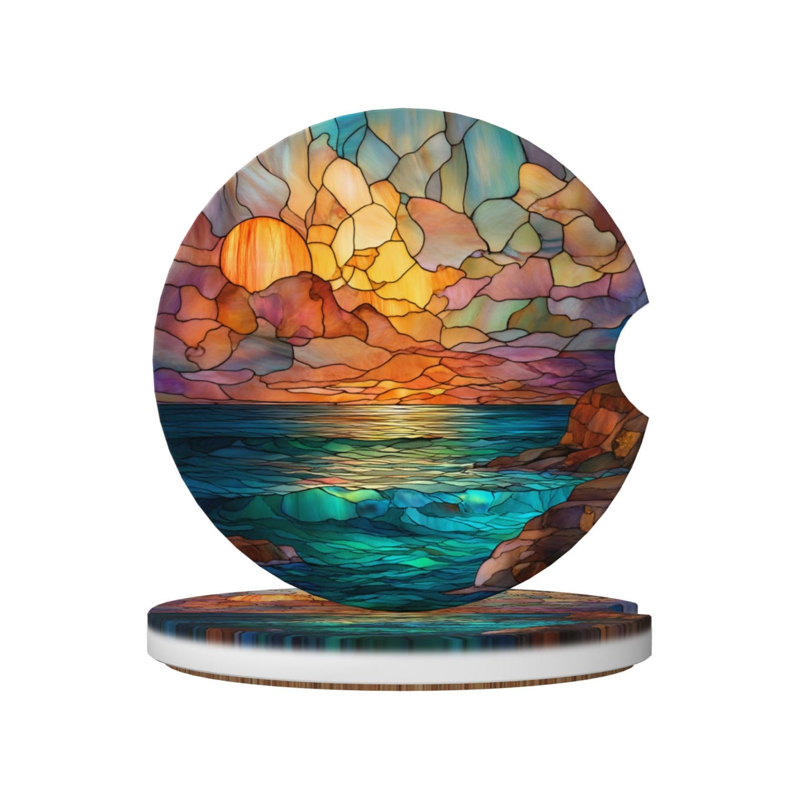 Stained Glass Ocean Sunset Ceramic Coasters,2pcs