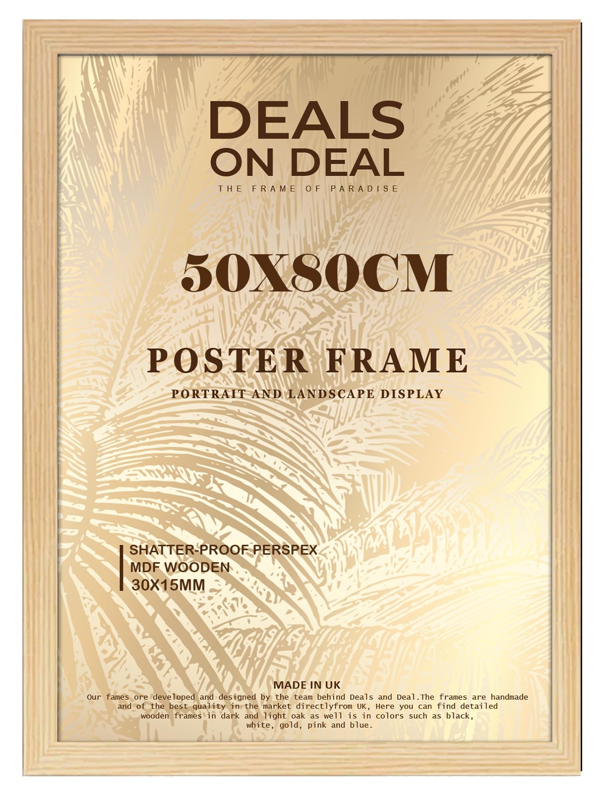 DEALS ON DEAL® Modern Large Poster Frame 50x80cm Mdf Wooden Picture Frames 80cm x 50cm for Jigsaw Puzzles/Shatter-Proof Front Vertical/Horizontal Mounting For Home & Office Décor-Pine