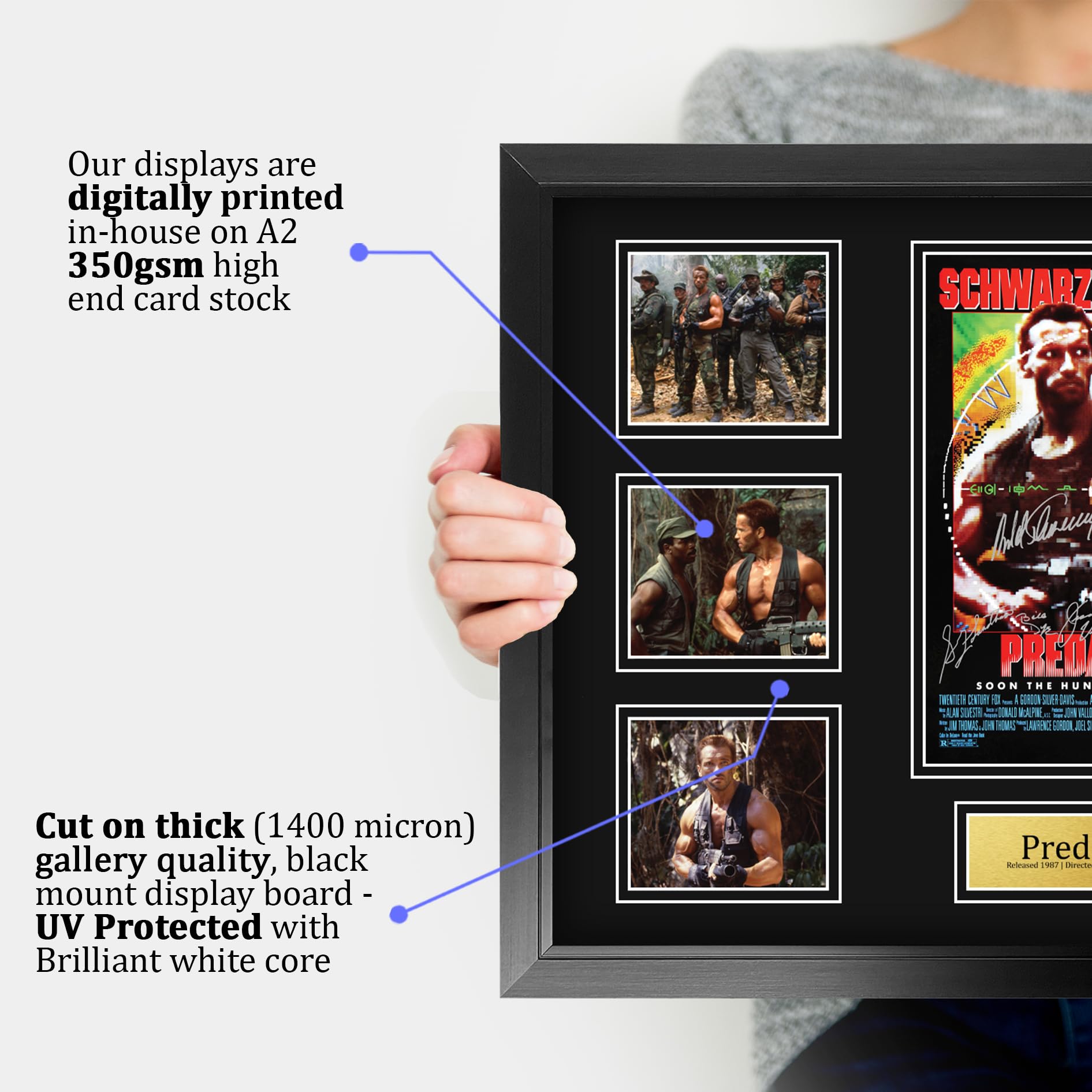 HWC Trading Predator Arnold Schwarzenegger Geschenke Geducktes Signiertes Autogramm Foto für Fans von Film Memorabilien - A2 Gerahmt (ID-006549)